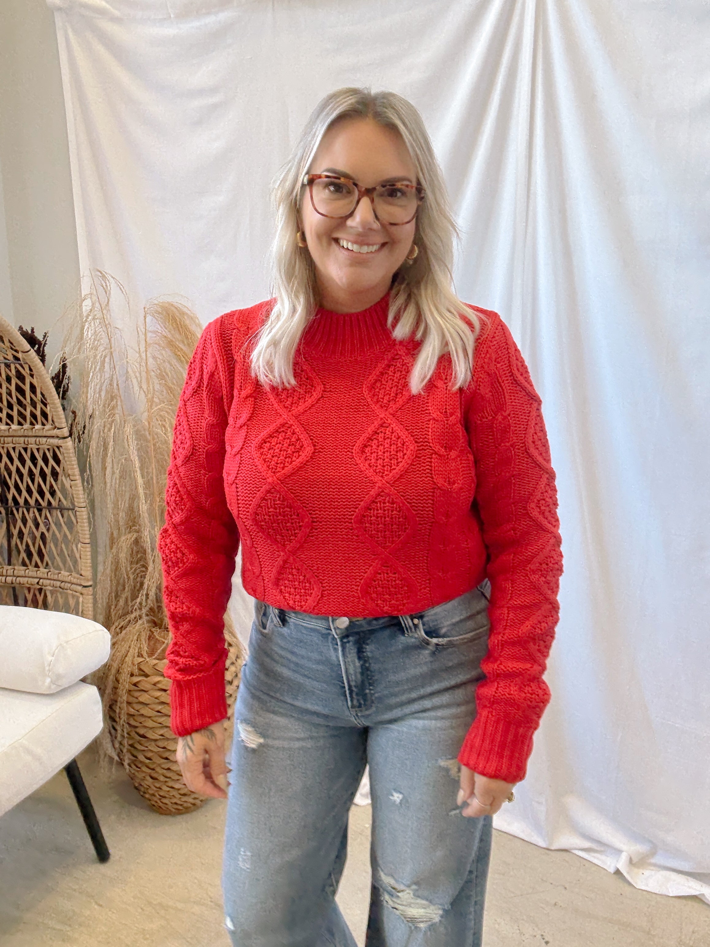 Textured Cable Knit Sweater-Red-Sweaters-hyfve-The Silo Boutique, Women's Fashion Boutique Located in Warren and Grand Forks North Dakota