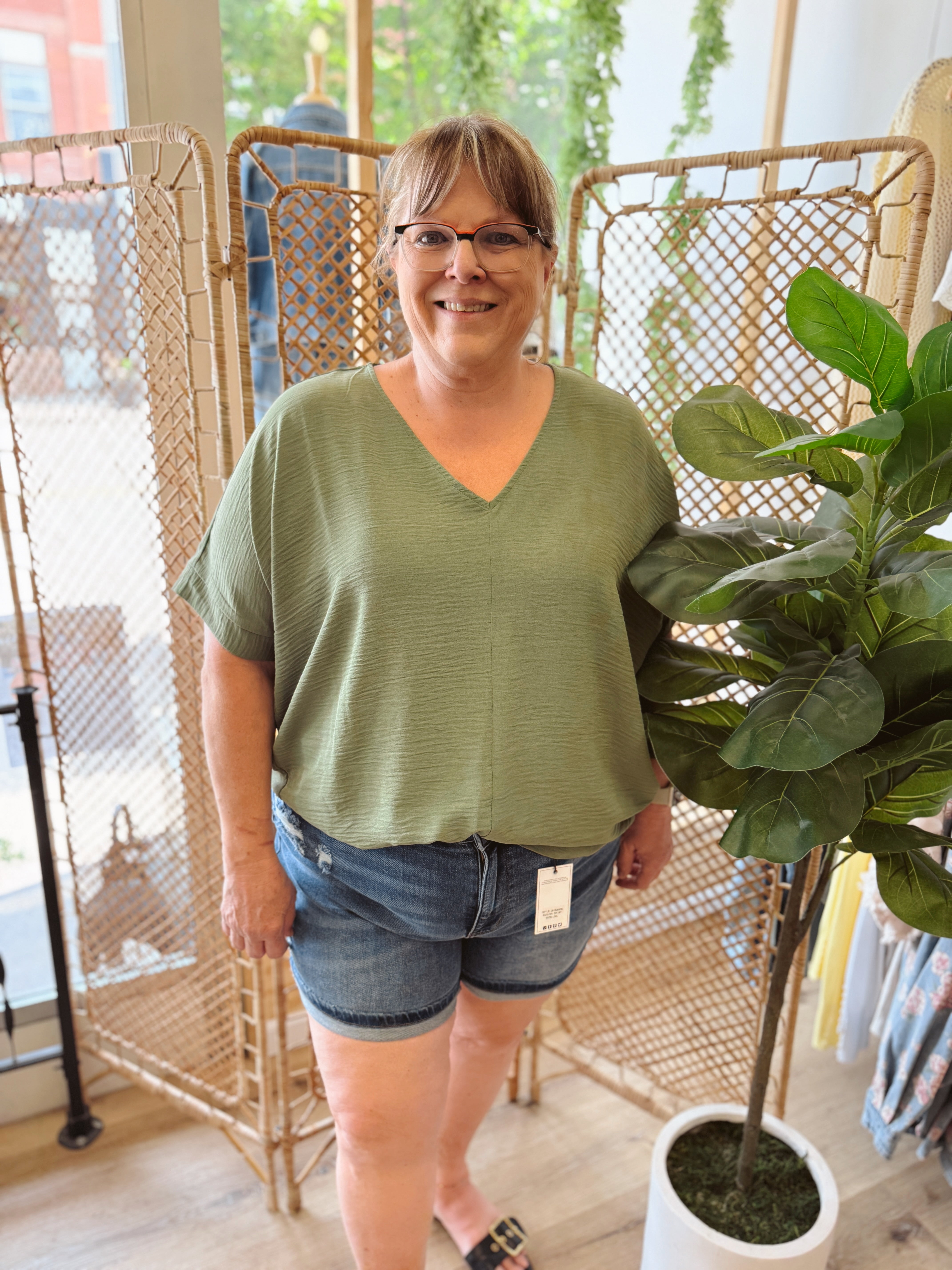 Zen V Neck Seam Top-Olive-Short Sleeve Tops-Zenana-The Silo Boutique, Women's Fashion Boutique Located in Warren and Grand Forks North Dakota