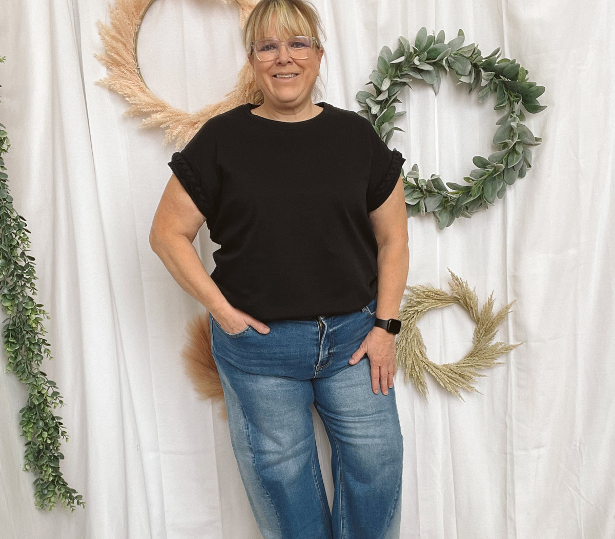 Eve Braided Sleeve Top-Black-Short Sleeve Tops-ENTRO-The Silo Boutique, Women's Fashion Boutique Located in Warren and Grand Forks North Dakota