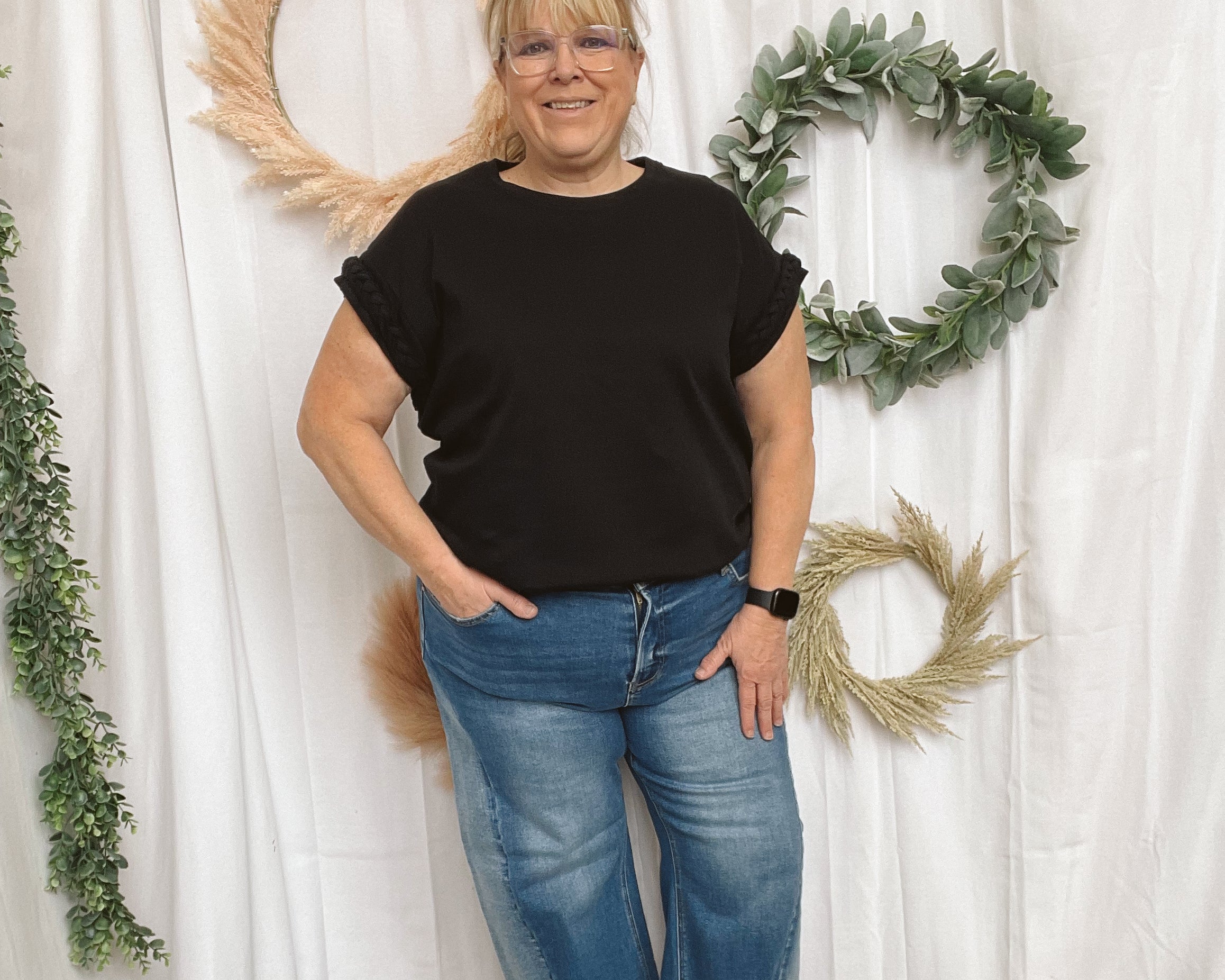 Eve Braided Sleeve Top-Black-Short Sleeve Tops-ENTRO-The Silo Boutique, Women's Fashion Boutique Located in Warren and Grand Forks North Dakota