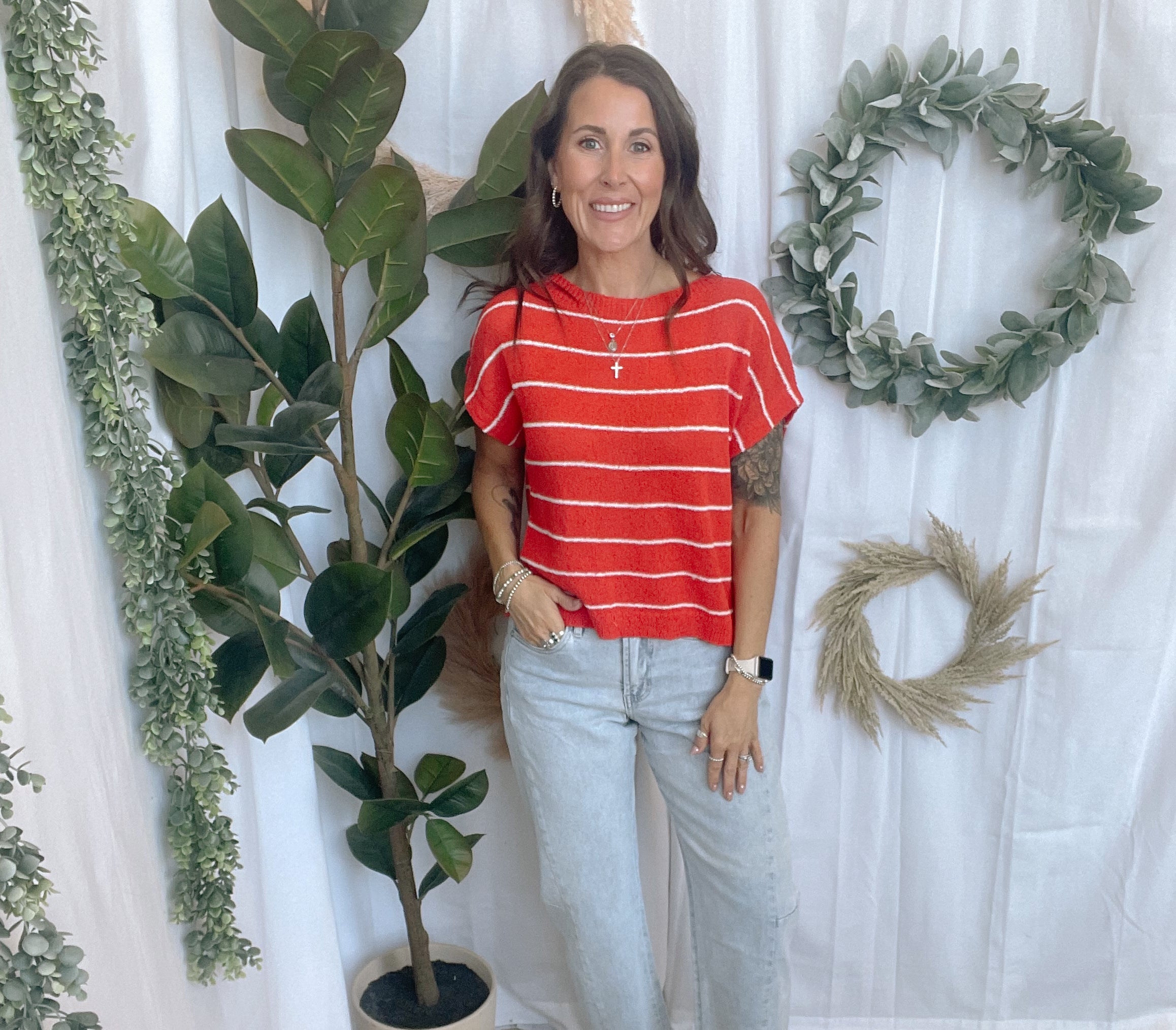 Tomato Striped Sweater Top-Short Sleeve Tops-cozy co-The Silo Boutique, Women's Fashion Boutique Located in Warren and Grand Forks North Dakota