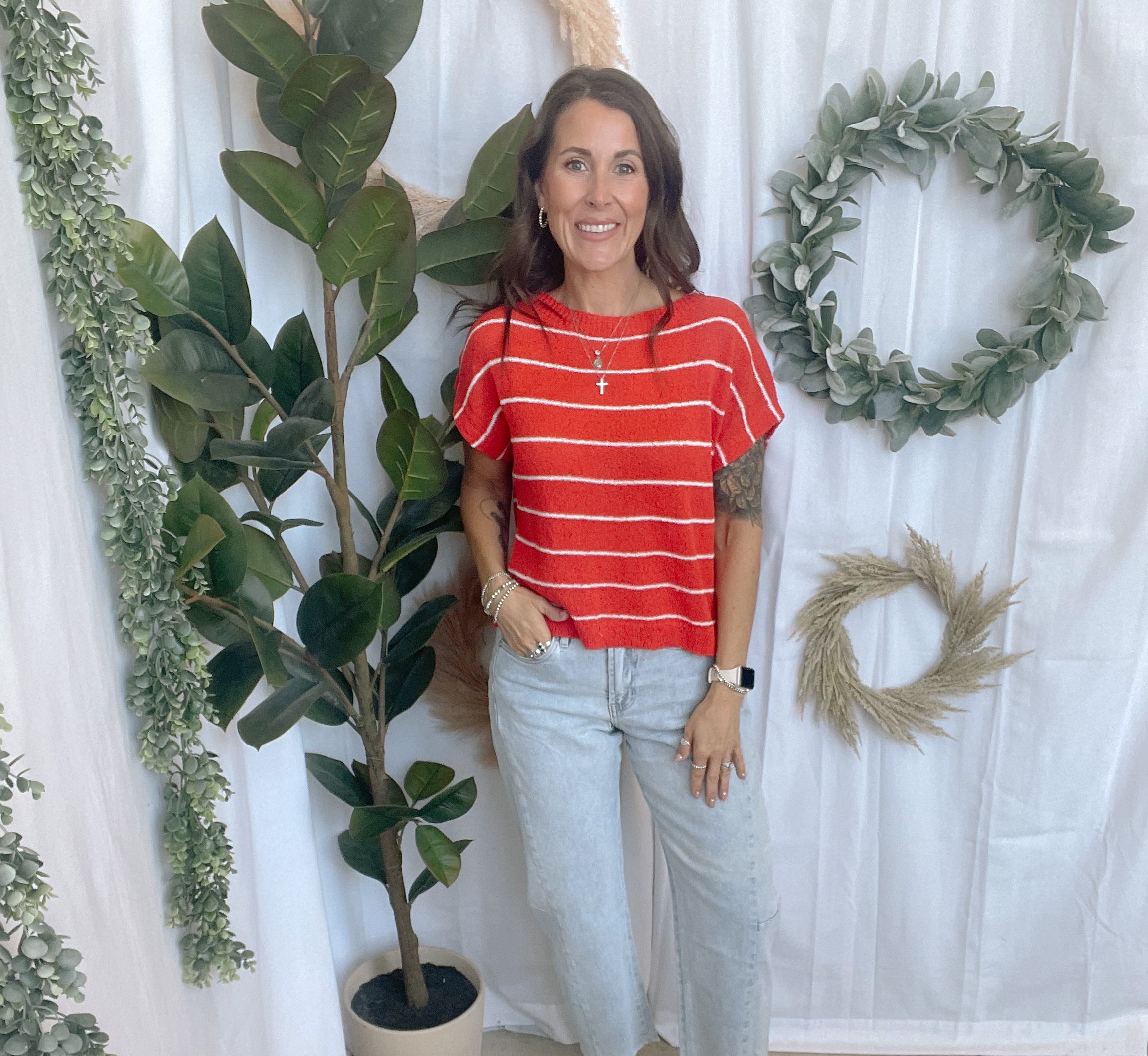 Tomato Striped Sweater Top-Short Sleeve Tops-cozy co-The Silo Boutique, Women's Fashion Boutique Located in Warren and Grand Forks North Dakota