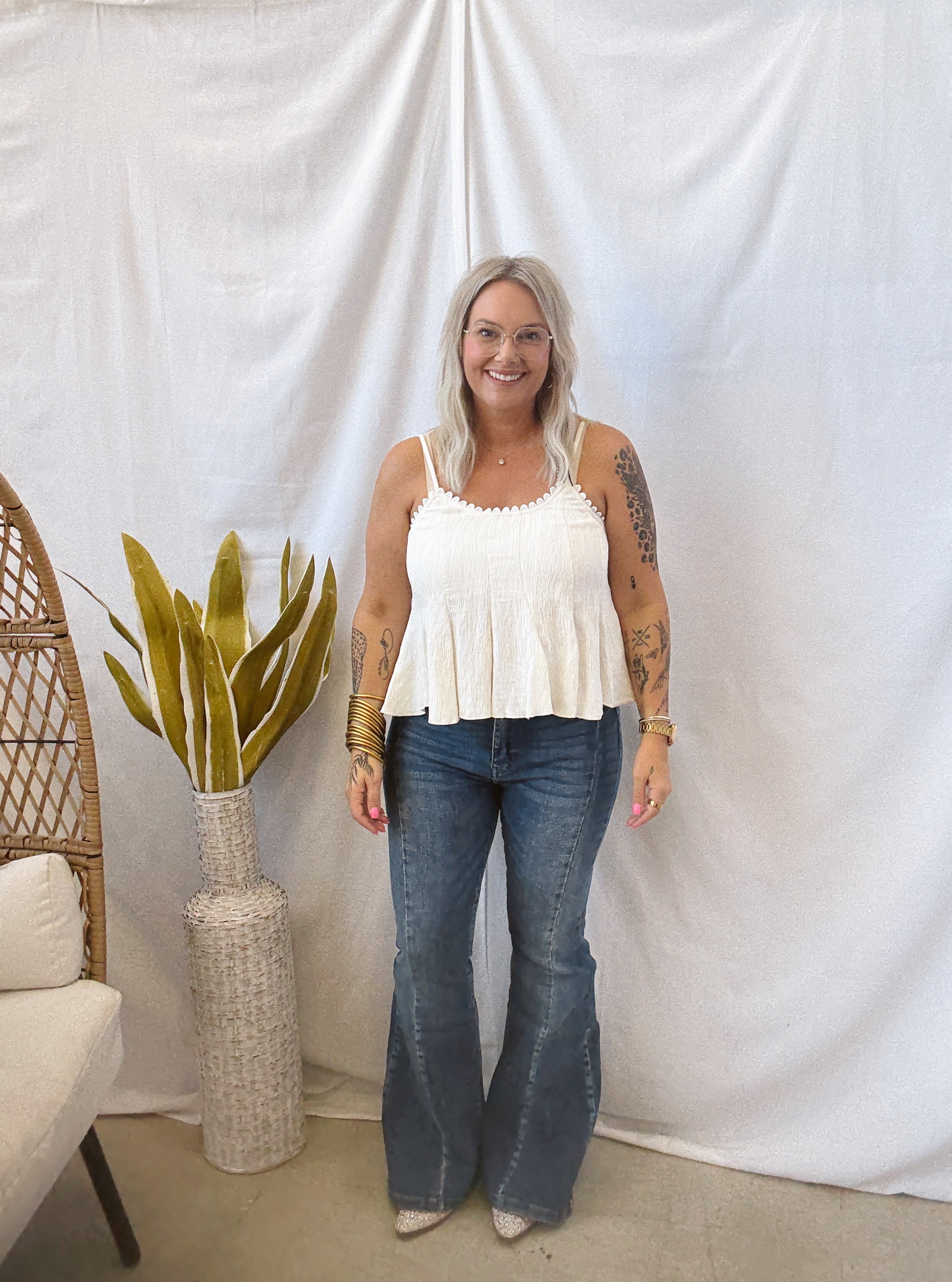 Crinkle Spaghetti Strap Tank-Cream-Tank Tops-Umgee-The Silo Boutique, Women's Fashion Boutique Located in Warren and Grand Forks North Dakota