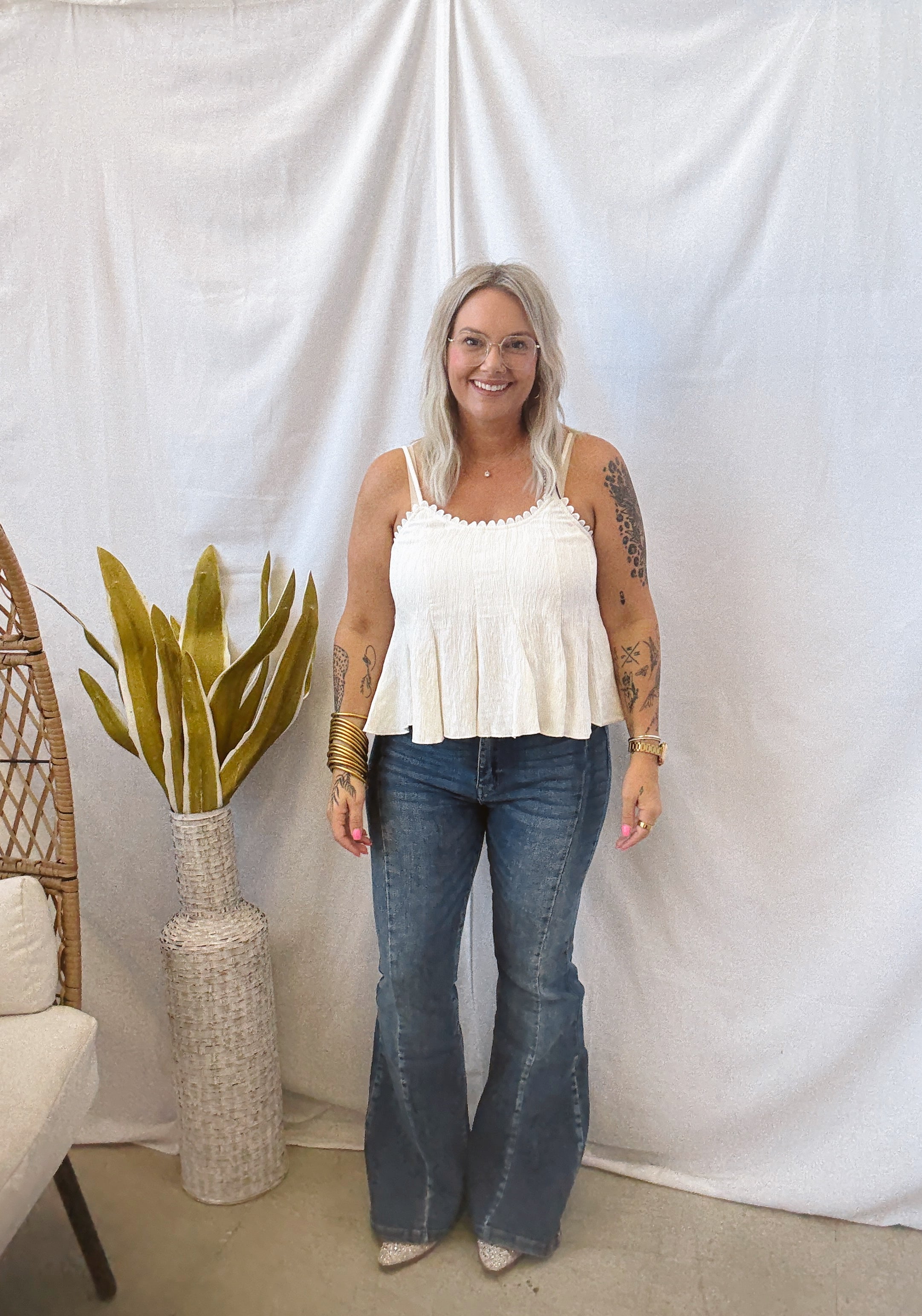 Crinkle Spaghetti Strap Tank-Cream-Final Sale-Tank Tops-Umgee-The Silo Boutique, Women's Fashion Boutique Located in Warren and Grand Forks North Dakota