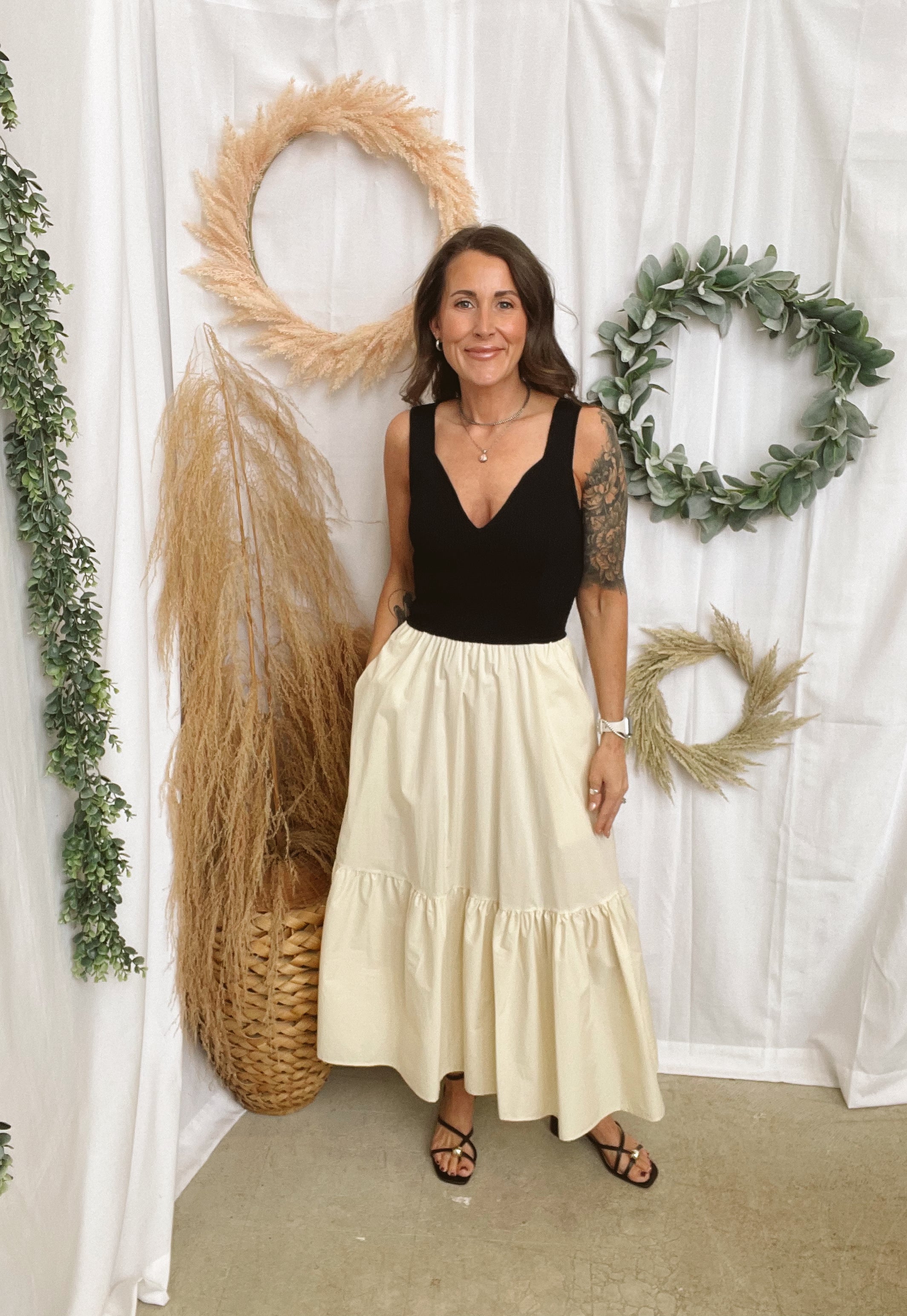 Elan Beige Black Combo Dress-Dresses-elan-The Silo Boutique, Women's Fashion Boutique Located in Warren and Grand Forks North Dakota