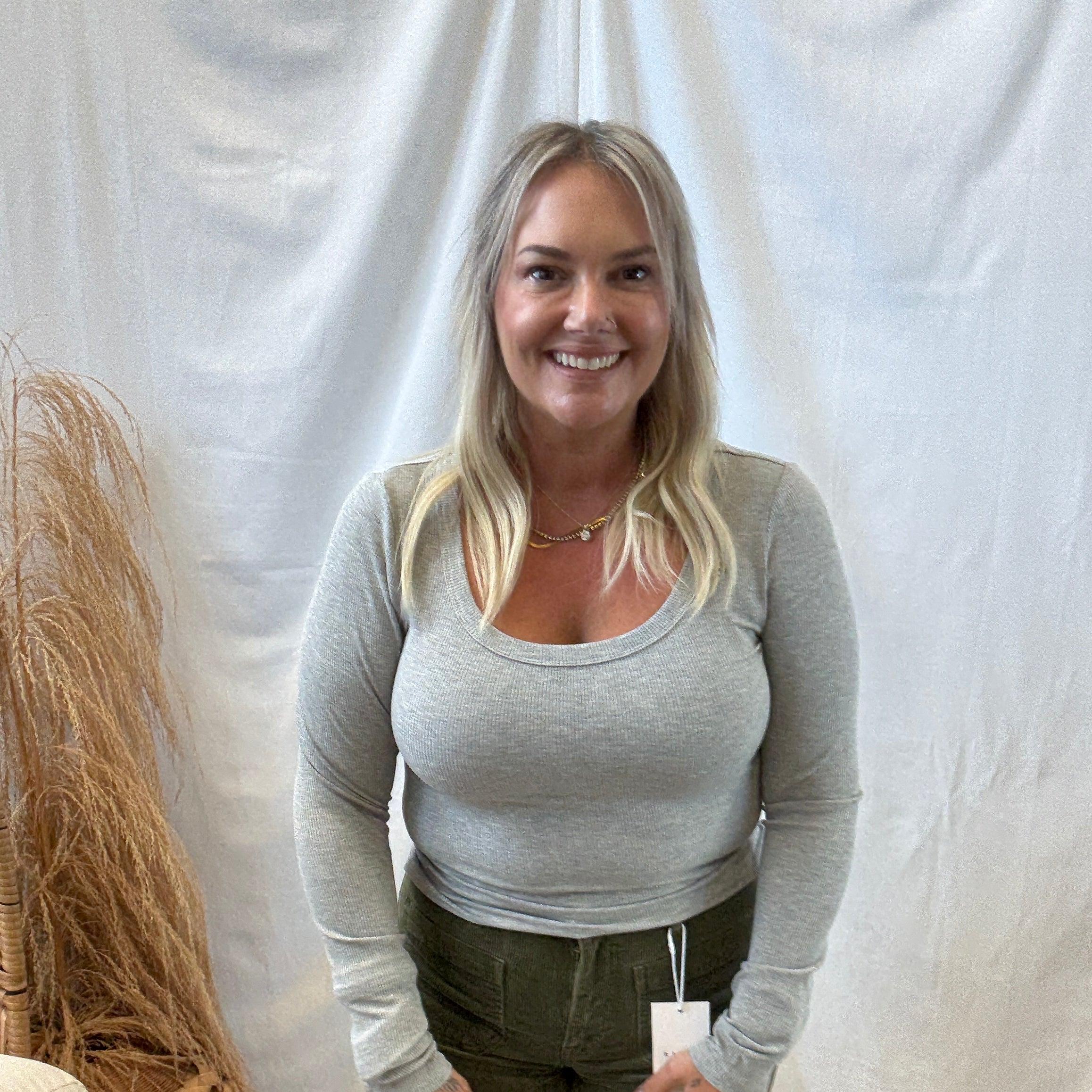 Mono B Scoop Long Sleeve Top-Grey-Long Sleeve Tops-mono b-The Silo Boutique, Women's Fashion Boutique Located in Warren and Grand Forks North Dakota