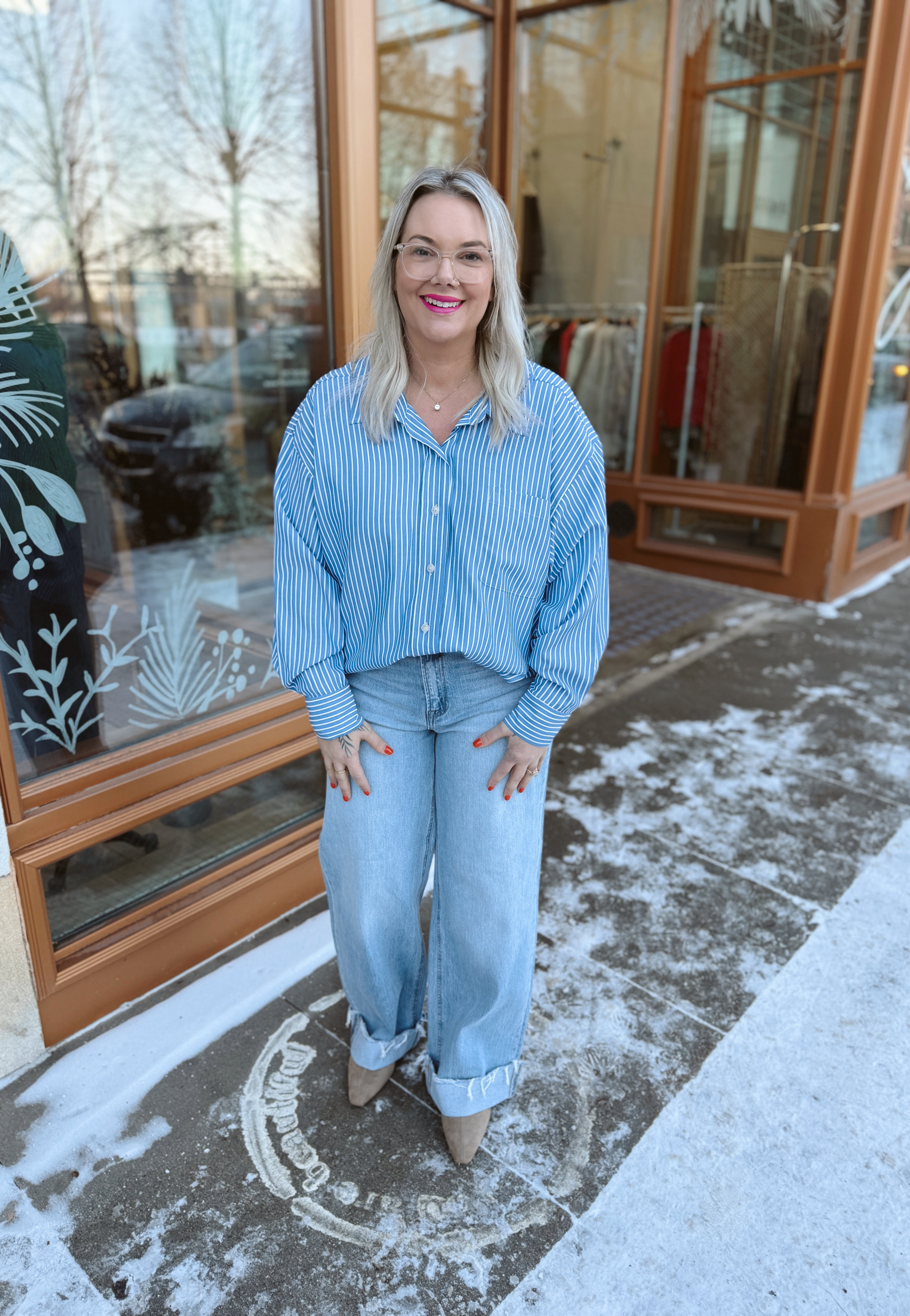 Give Me Classic Striped Button Down Top-Ocean Blue-Long Sleeve Tops-eesome-The Silo Boutique, Women's Fashion Boutique Located in Warren and Grand Forks North Dakota