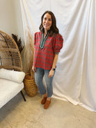 Christmas Plaid V Neck Top-Short Sleeve Tops-entro-The Silo Boutique, Women's Fashion Boutique Located in Warren and Grand Forks North Dakota