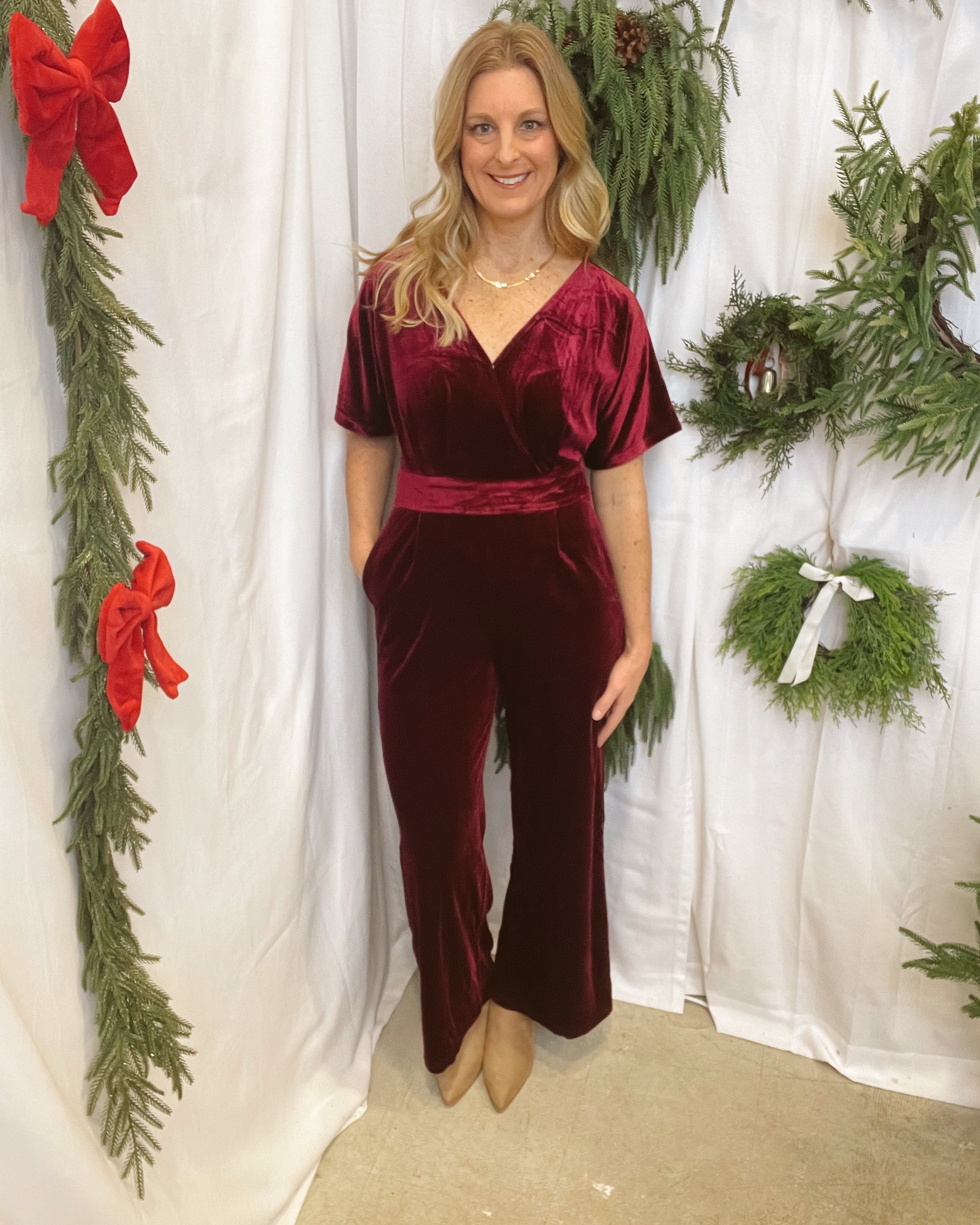Burgundy Velvet Jumper-Jumpsuits & Rompers-hem and thread-The Silo Boutique, Women's Fashion Boutique Located in Warren and Grand Forks North Dakota