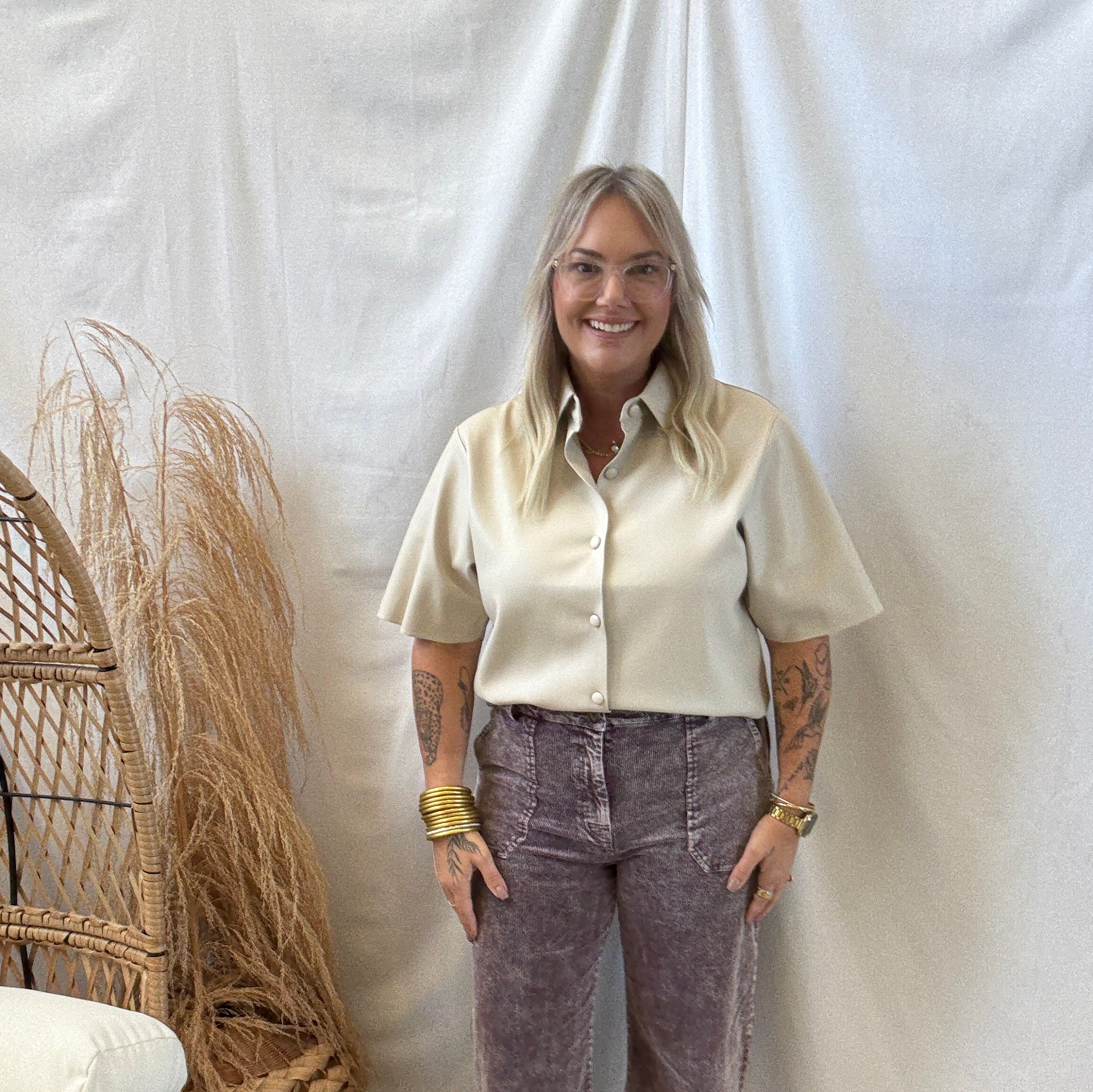 Leather Short Sleeve Button Down Top-Oatmeal-Short Sleeve Tops-eesome-The Silo Boutique, Women's Fashion Boutique Located in Warren and Grand Forks North Dakota