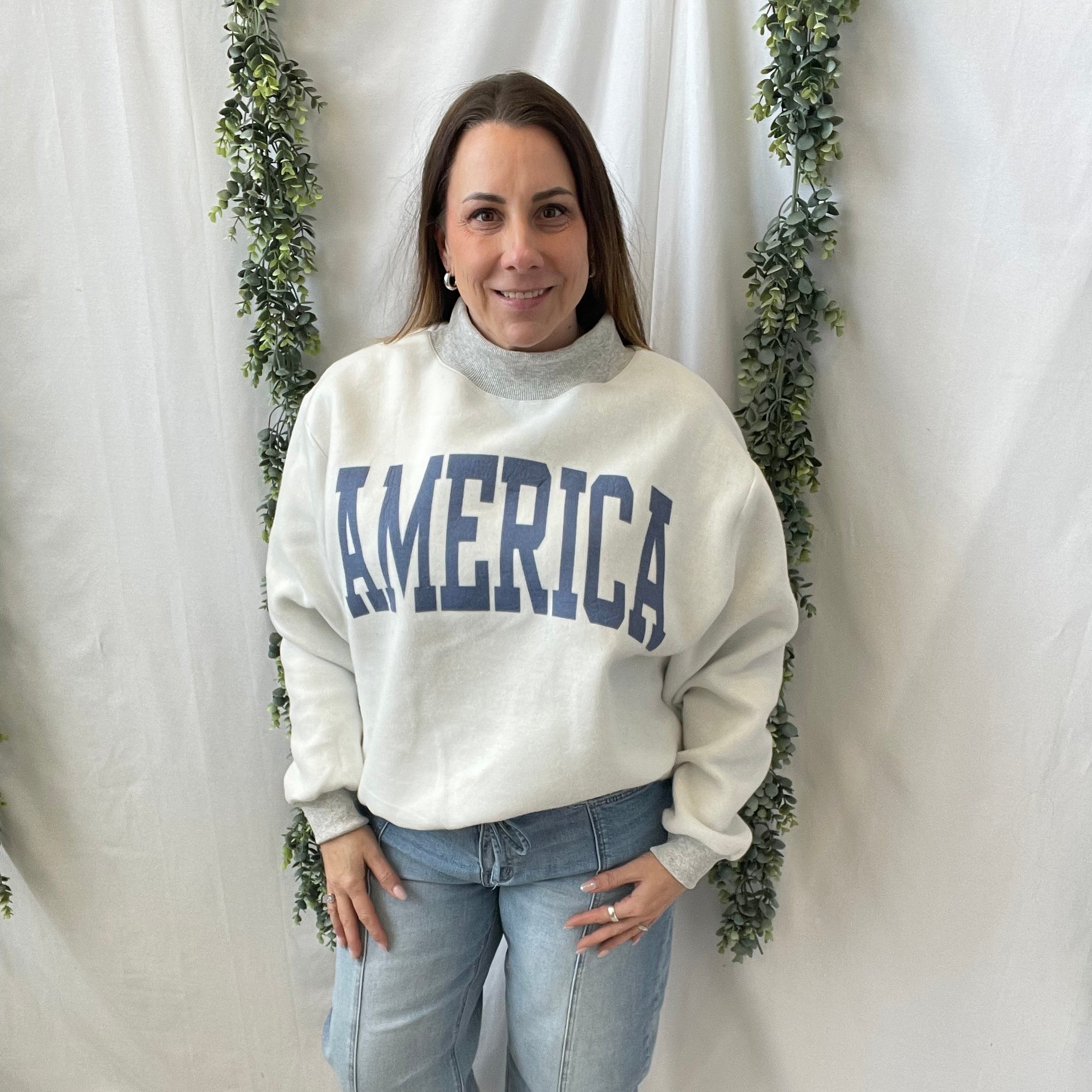 USA Grey Mock Sweatshirt-Sweatshirts-bucketlist-The Silo Boutique, Women's Fashion Boutique Located in Warren and Grand Forks North Dakota