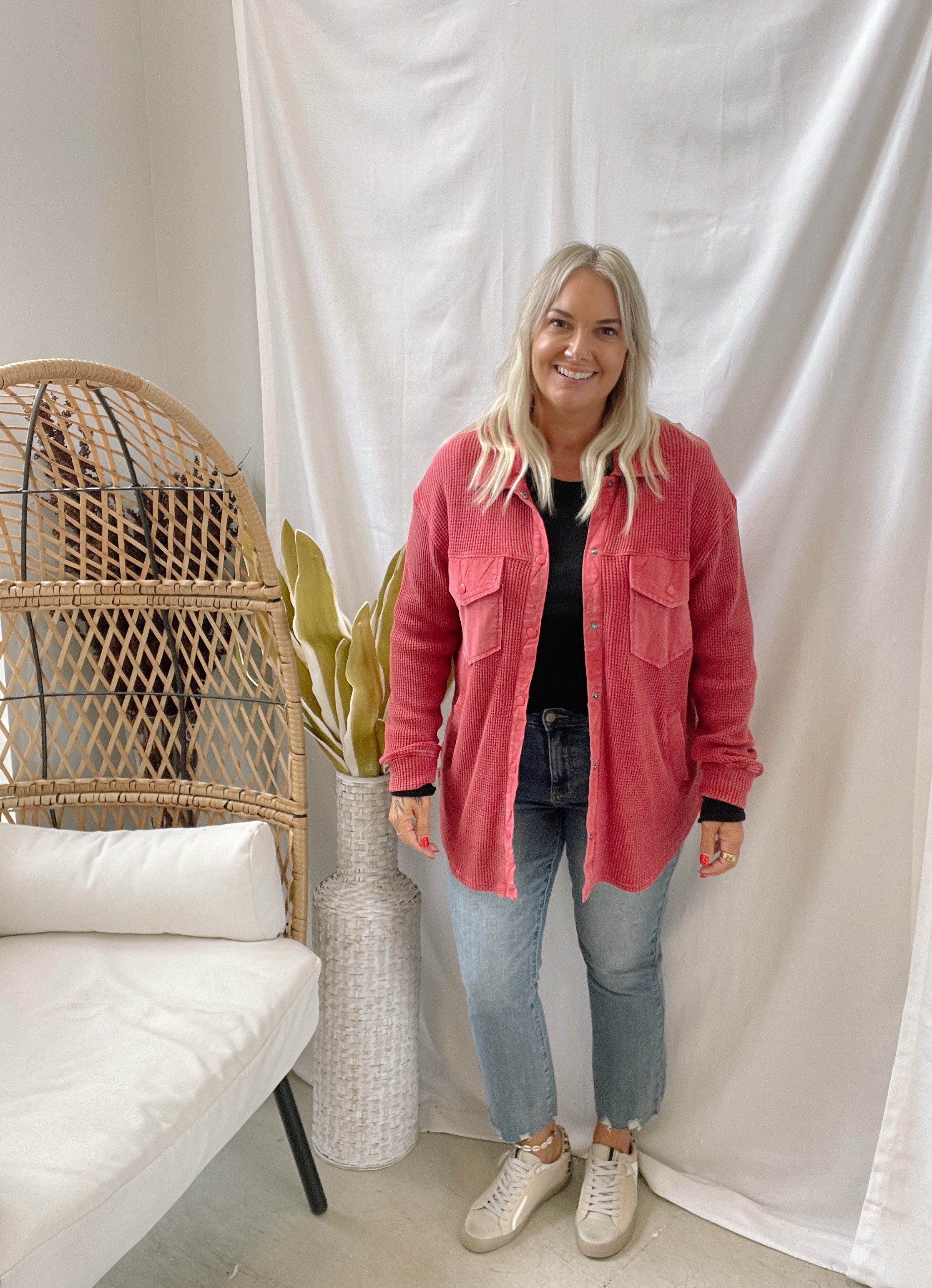 Waffle Knit Button Down Top-Red-Coats & Jackets-mono b-The Silo Boutique, Women's Fashion Boutique Located in Warren and Grand Forks North Dakota