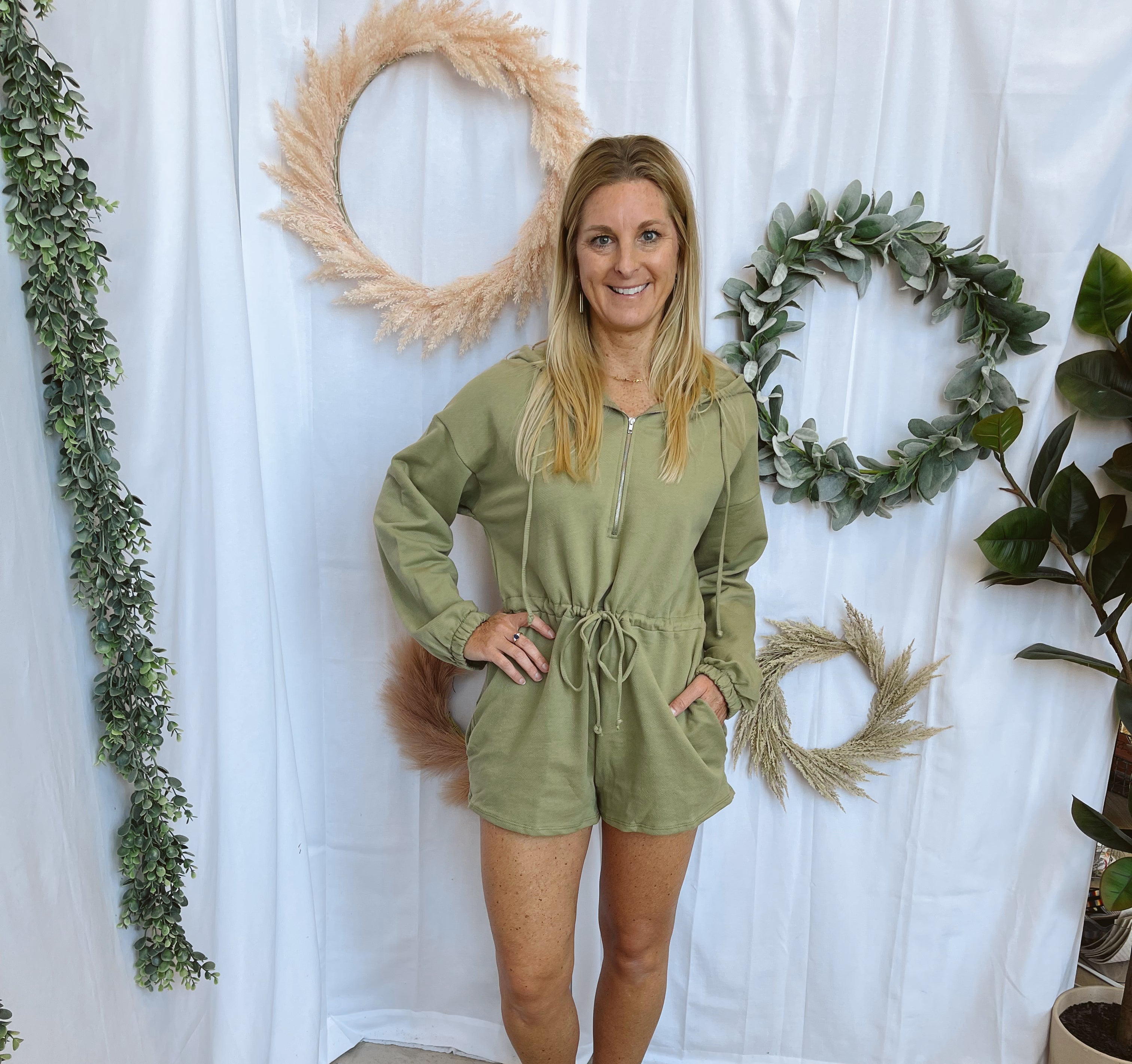 Olive Tie Waist Romper-Jumpsuits & Rompers-bucketlist-The Silo Boutique, Women's Fashion Boutique Located in Warren and Grand Forks North Dakota