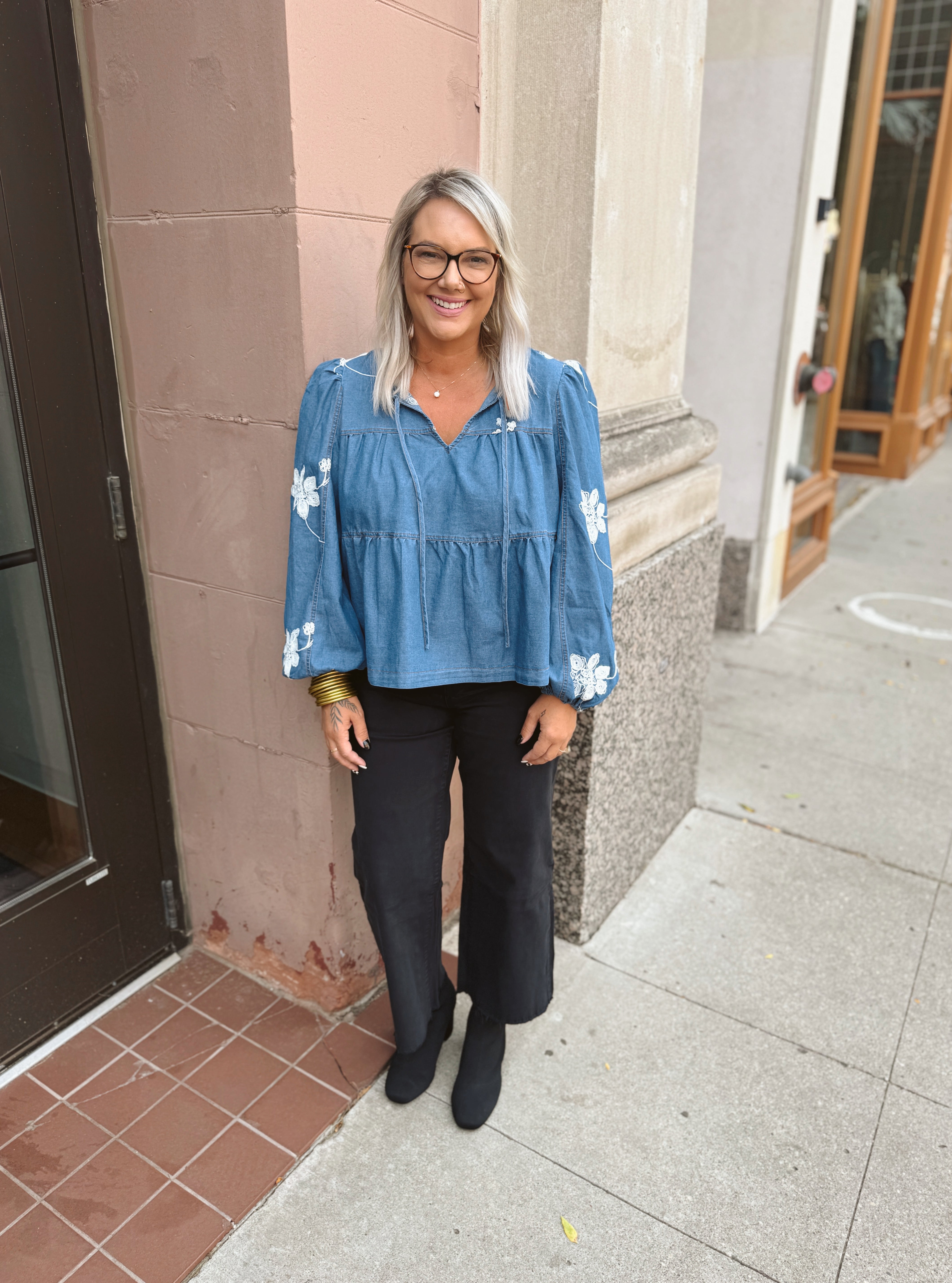 Boho Denim Floral Top-Long Sleeve Tops-&merci-The Silo Boutique, Women's Fashion Boutique Located in Warren and Grand Forks North Dakota