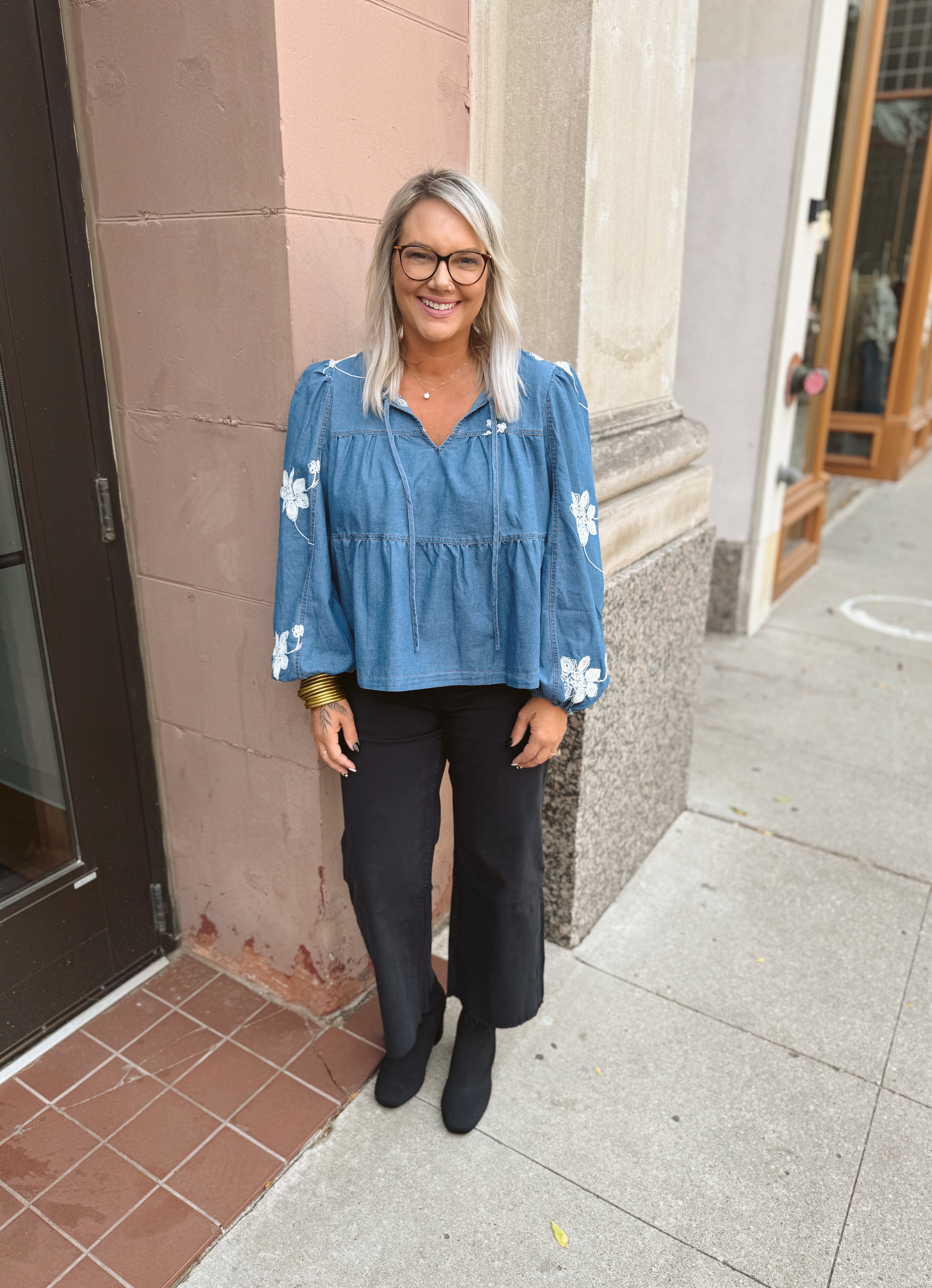 Boho Denim Floral Top-Long Sleeve Tops-&merci-The Silo Boutique, Women's Fashion Boutique Located in Warren and Grand Forks North Dakota