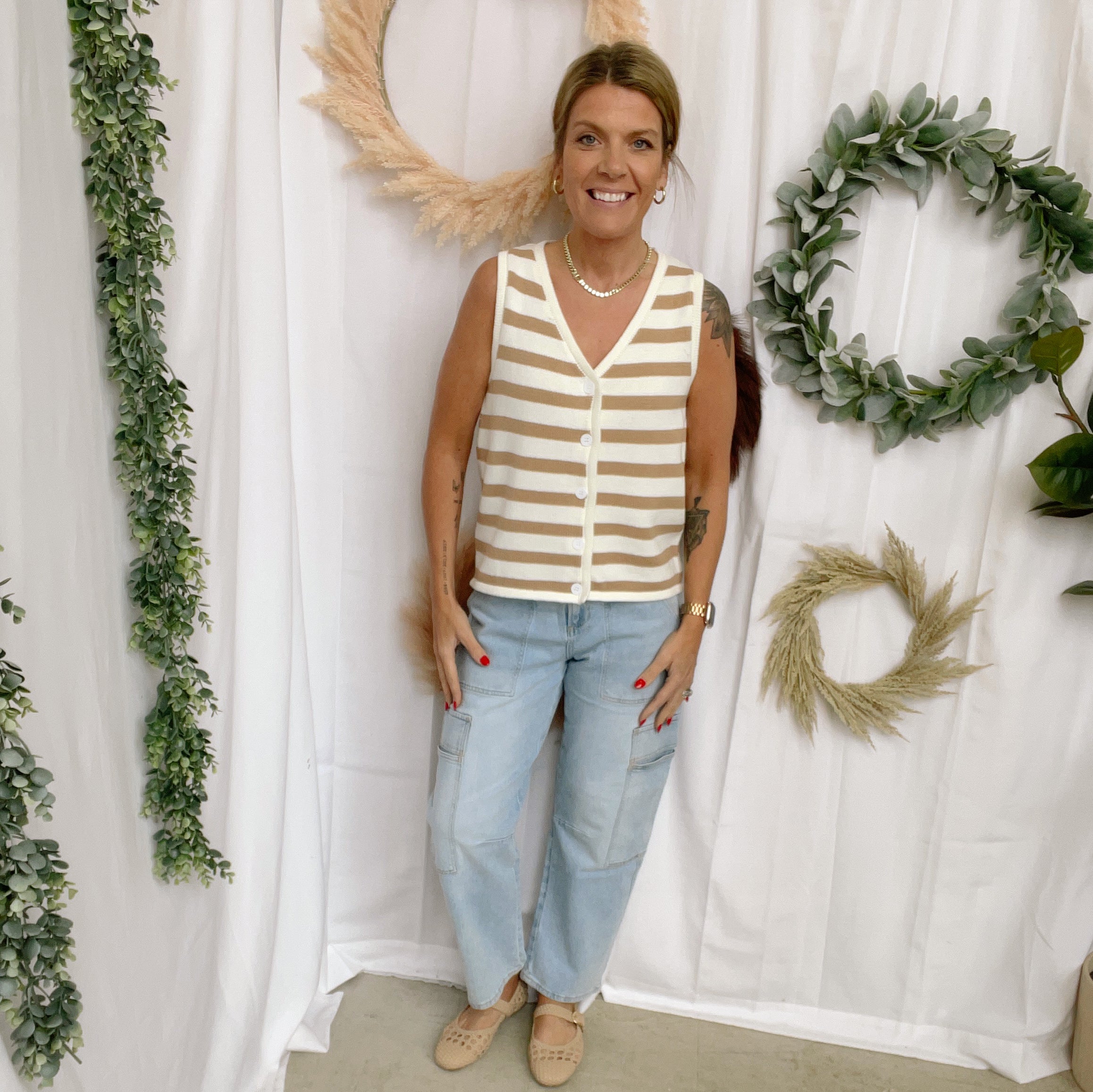 Sisi Striped Tank Sweater-Taupe-Tank Tops-stacatto-The Silo Boutique, Women's Fashion Boutique Located in Warren and Grand Forks North Dakota