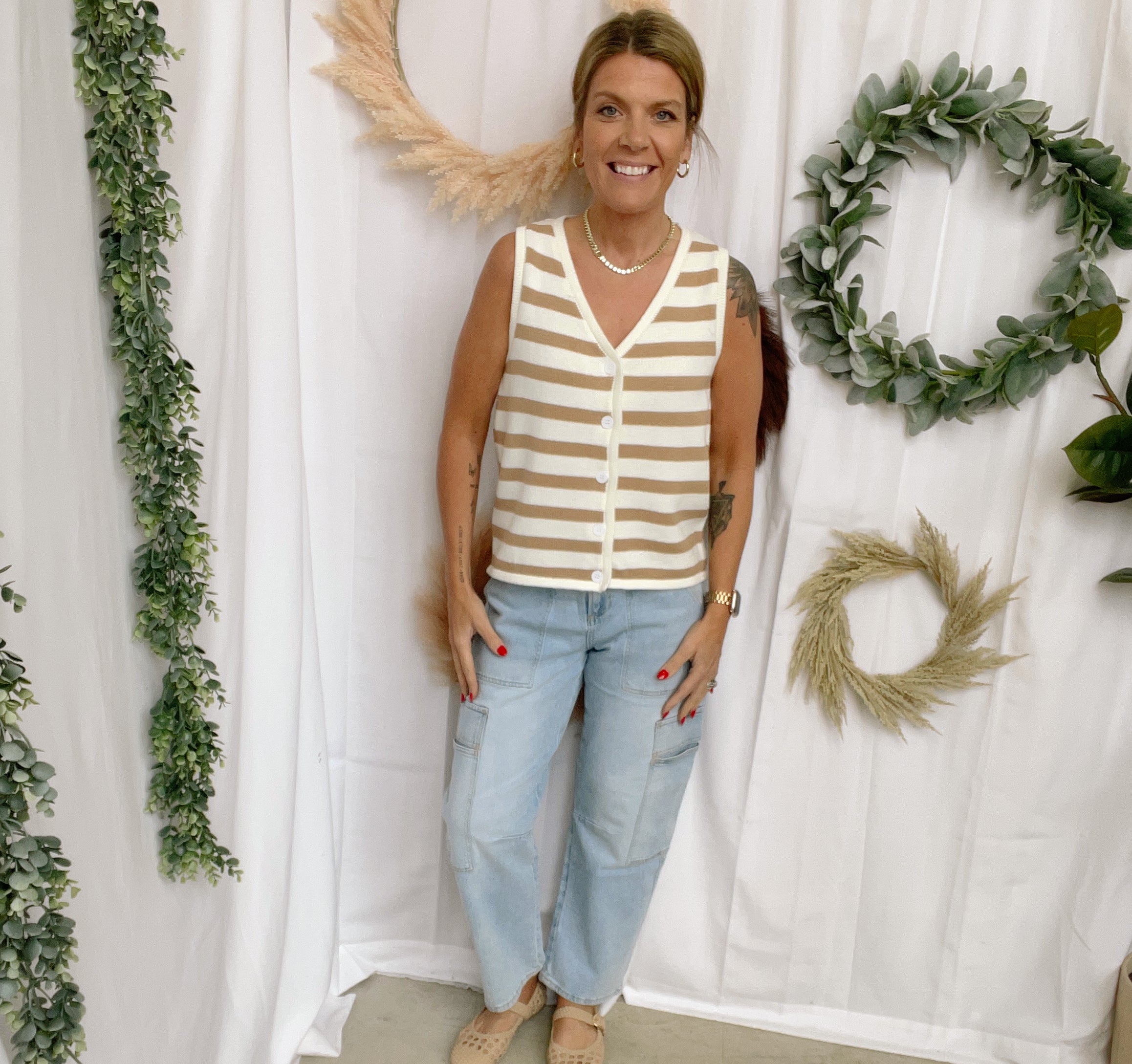 Sisi Striped Tank Sweater-Taupe-Tank Tops-stacatto-The Silo Boutique, Women's Fashion Boutique Located in Warren and Grand Forks North Dakota