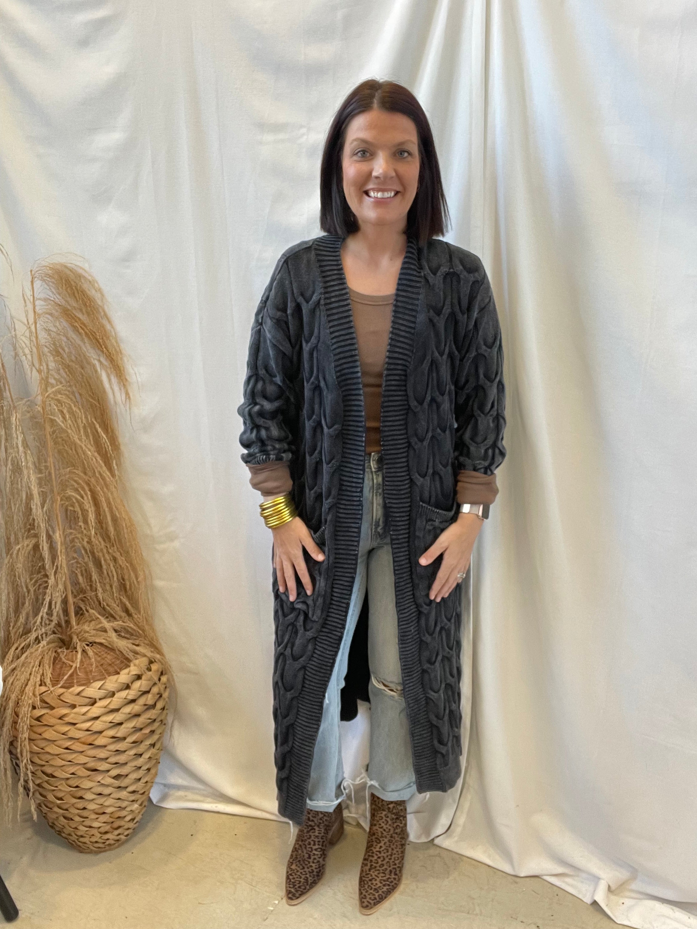 Mineral Wash Long Cardigan-Black-Cardigans-hesperus-The Silo Boutique, Women's Fashion Boutique Located in Warren and Grand Forks North Dakota
