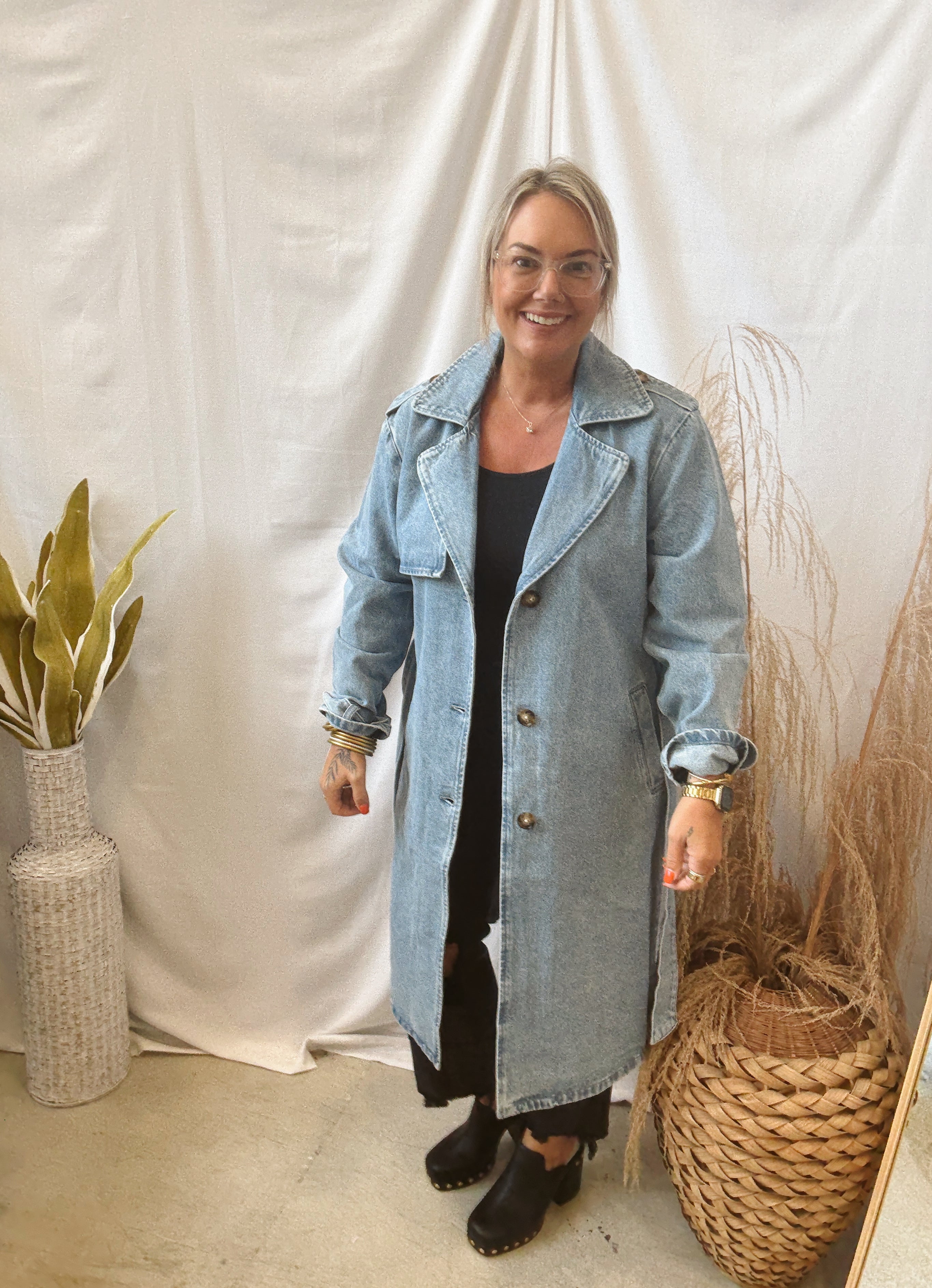 Long Denim Belted Jacket-Coats & Jackets-hem and thread-The Silo Boutique, Women's Fashion Boutique Located in Warren and Grand Forks North Dakota