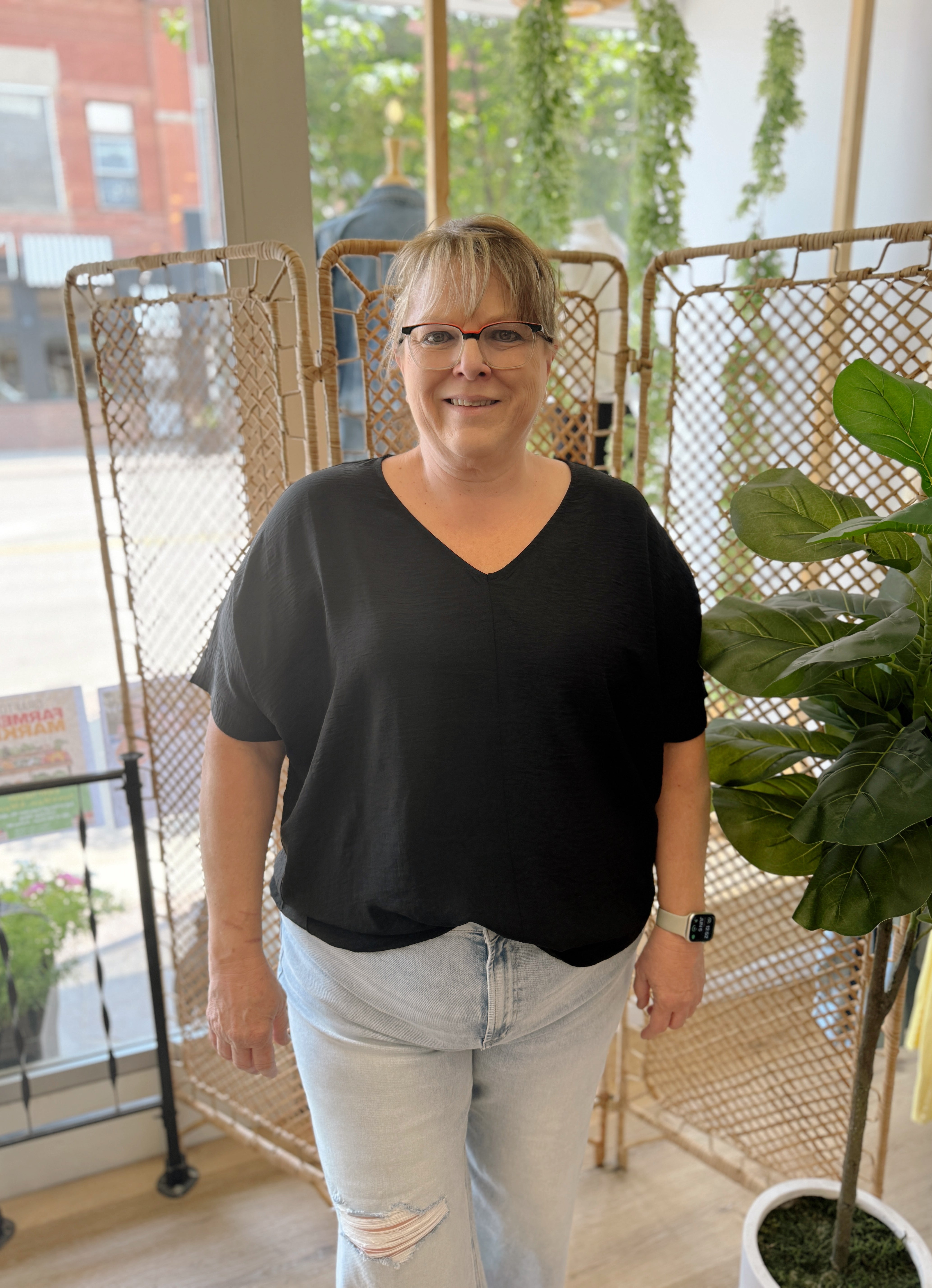 Zen V Neck Seam Top-Black-Short Sleeve Tops-Zenana-The Silo Boutique, Women's Fashion Boutique Located in Warren and Grand Forks North Dakota