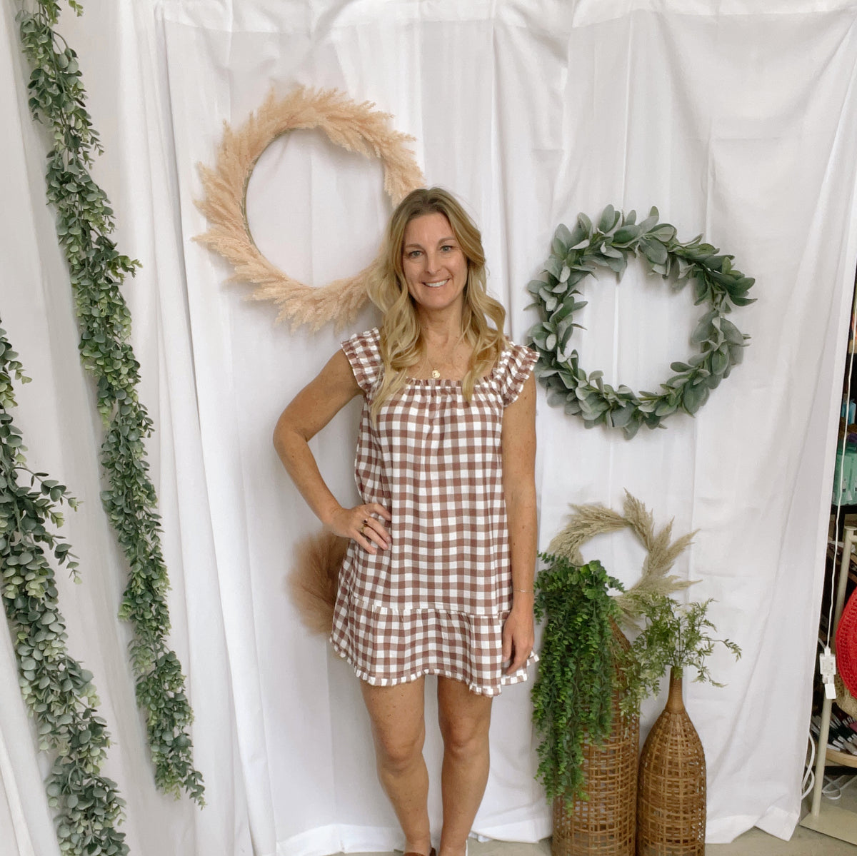 Blakeley Brown Gingham Dress-Dresses-blakeley-The Silo Boutique, Women's Fashion Boutique Located in Warren and Grand Forks North Dakota