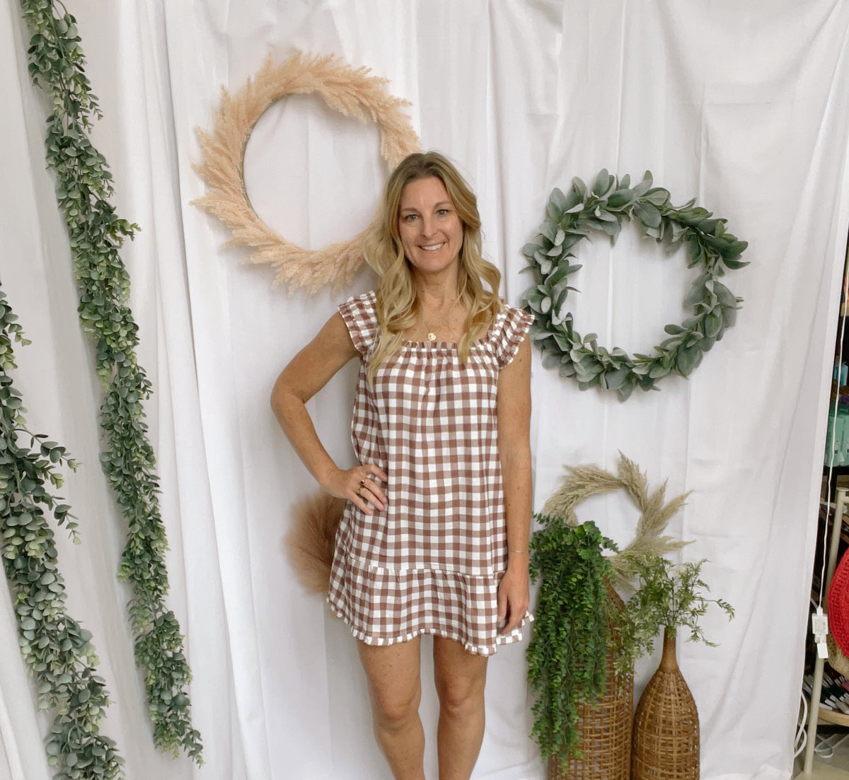 Blakeley Brown Gingham Dress-Dresses-blakeley-The Silo Boutique, Women's Fashion Boutique Located in Warren and Grand Forks North Dakota