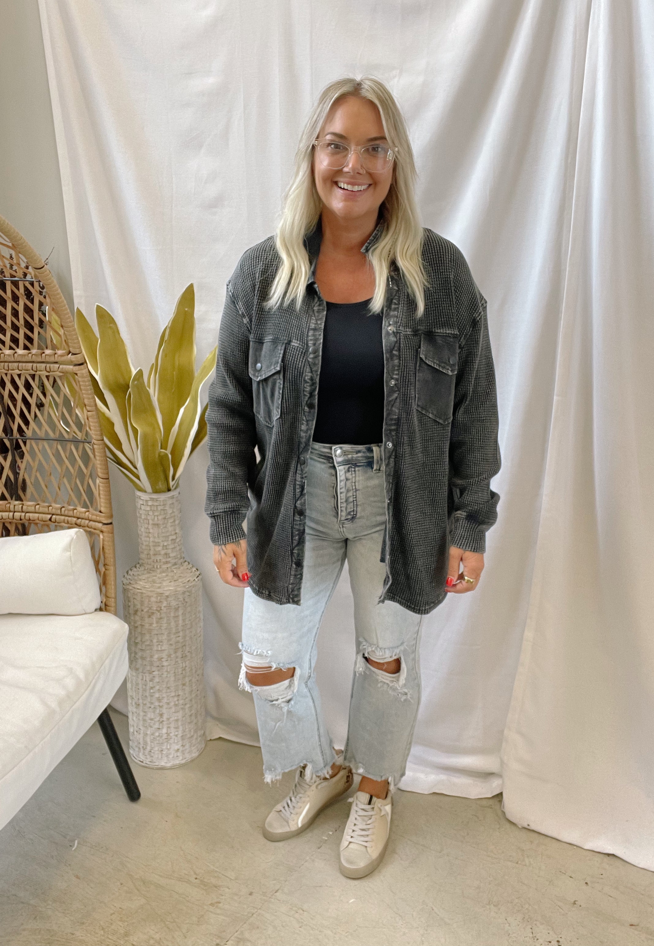 Waffle Knit Button Down Top-Black-Coats & Jackets-mono b-The Silo Boutique, Women's Fashion Boutique Located in Warren and Grand Forks North Dakota
