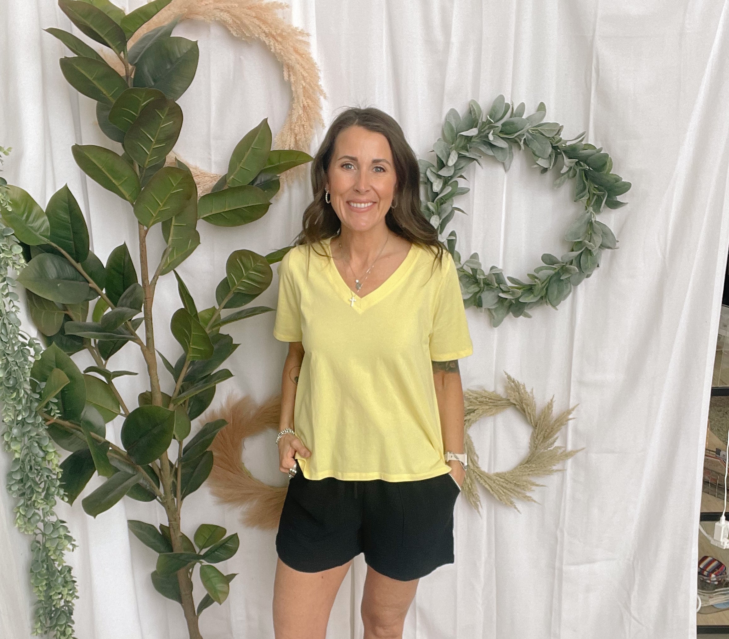 Mono Pima V Neck Tee-Yellow-Short Sleeve Tops-mono b-The Silo Boutique, Women's Fashion Boutique Located in Warren and Grand Forks North Dakota