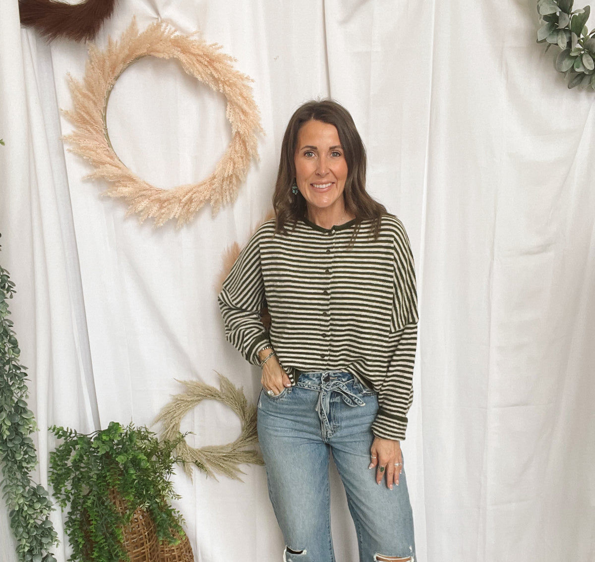 Jesse Striped Cardigan-Olive-Cardigans-joa-The Silo Boutique, Women's Fashion Boutique Located in Warren and Grand Forks North Dakota