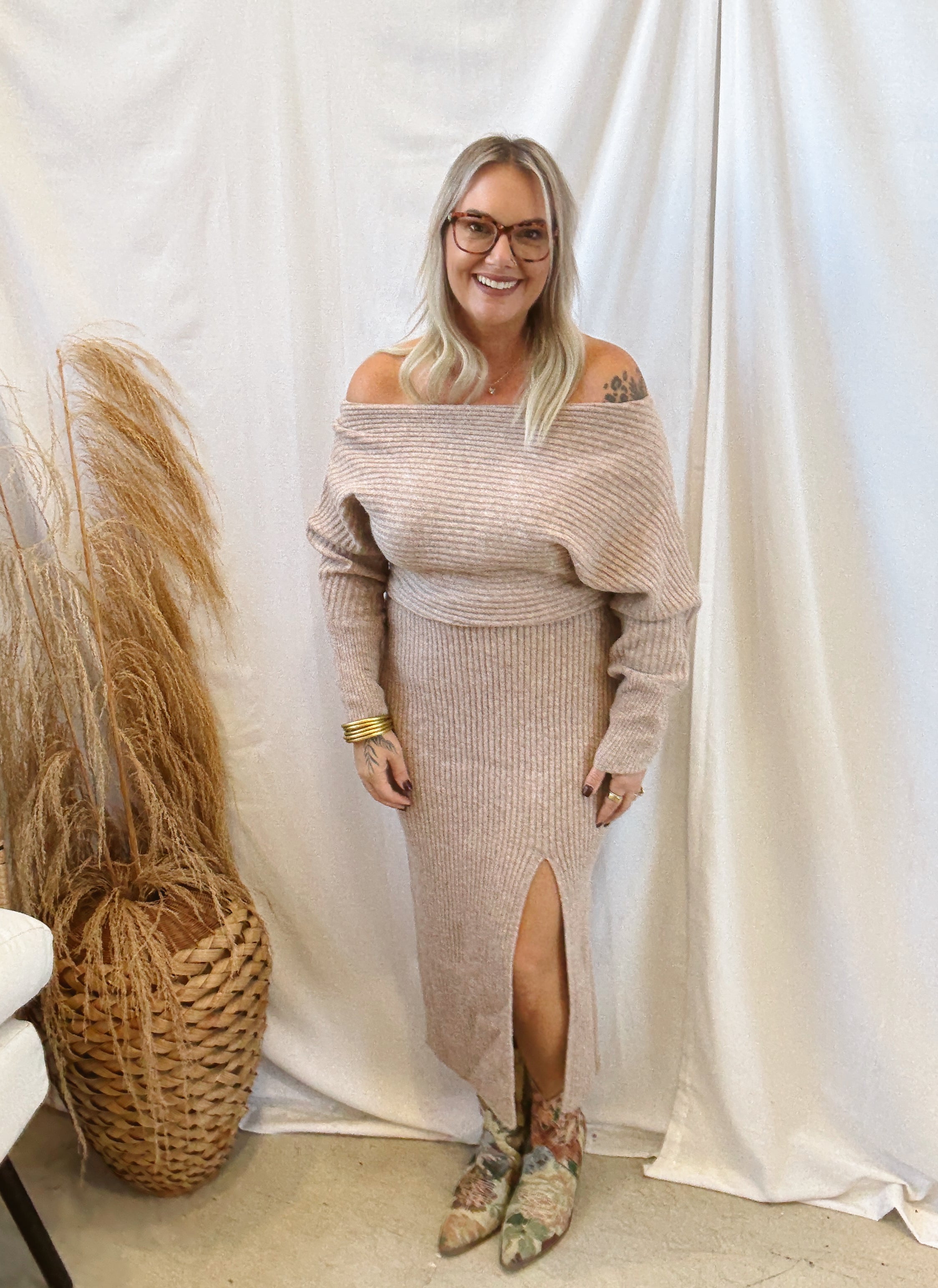 Latte Off The Shoulder Sweater Dress-Dresses-bluivy-The Silo Boutique, Women's Fashion Boutique Located in Warren and Grand Forks North Dakota