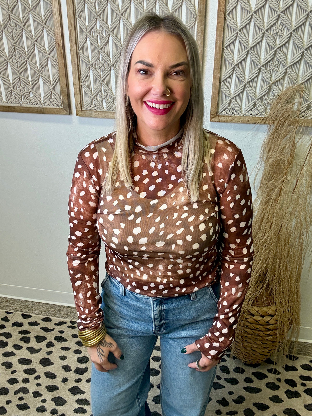 Deer Print Mesh Top-Long Sleeve Tops-jade by jane-The Silo Boutique, Women's Fashion Boutique Located in Warren and Grand Forks North Dakota