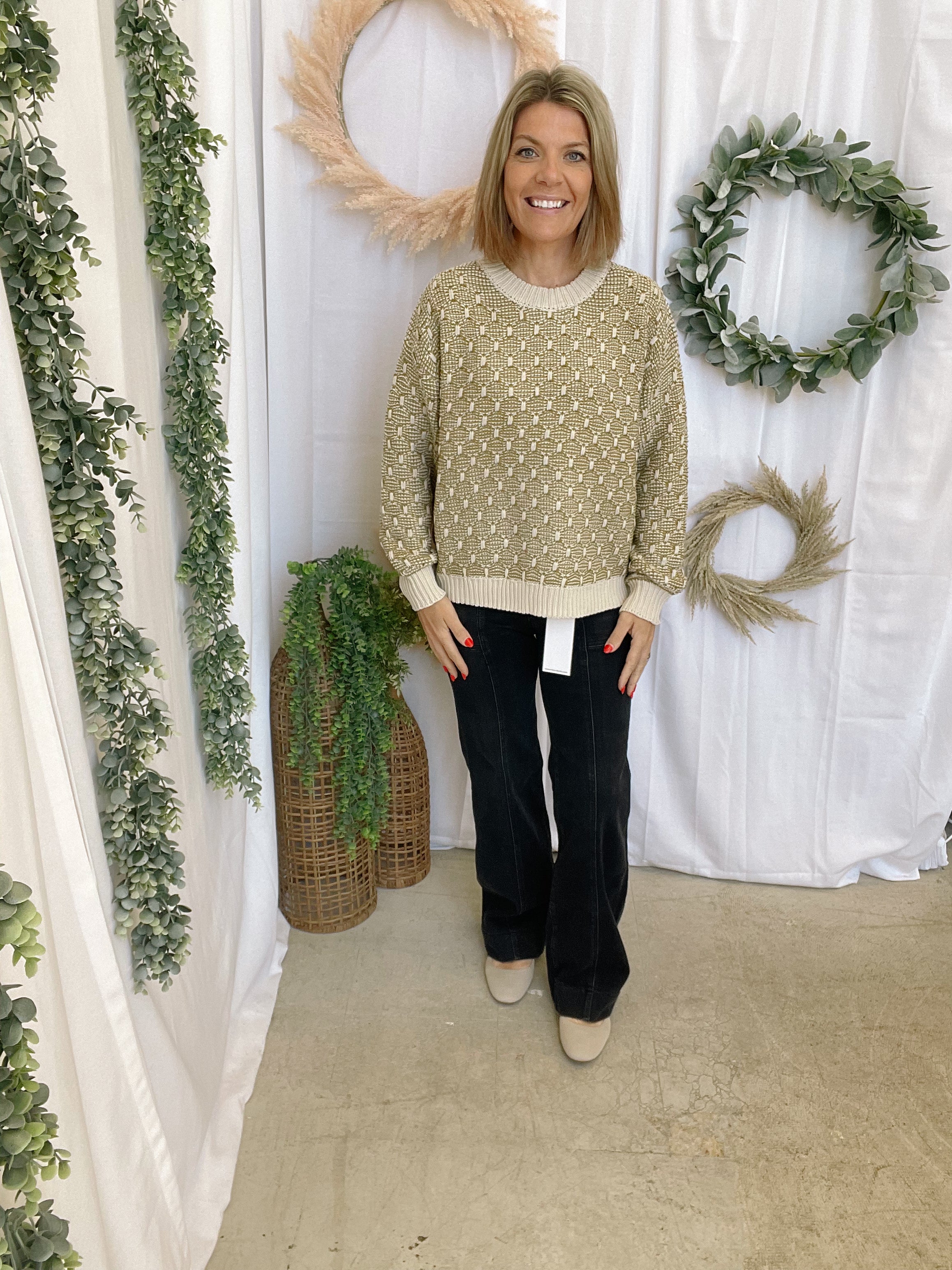 Olive Two Tone Weave Sweater-Sweaters-hem and thread-The Silo Boutique, Women's Fashion Boutique Located in Warren and Grand Forks North Dakota