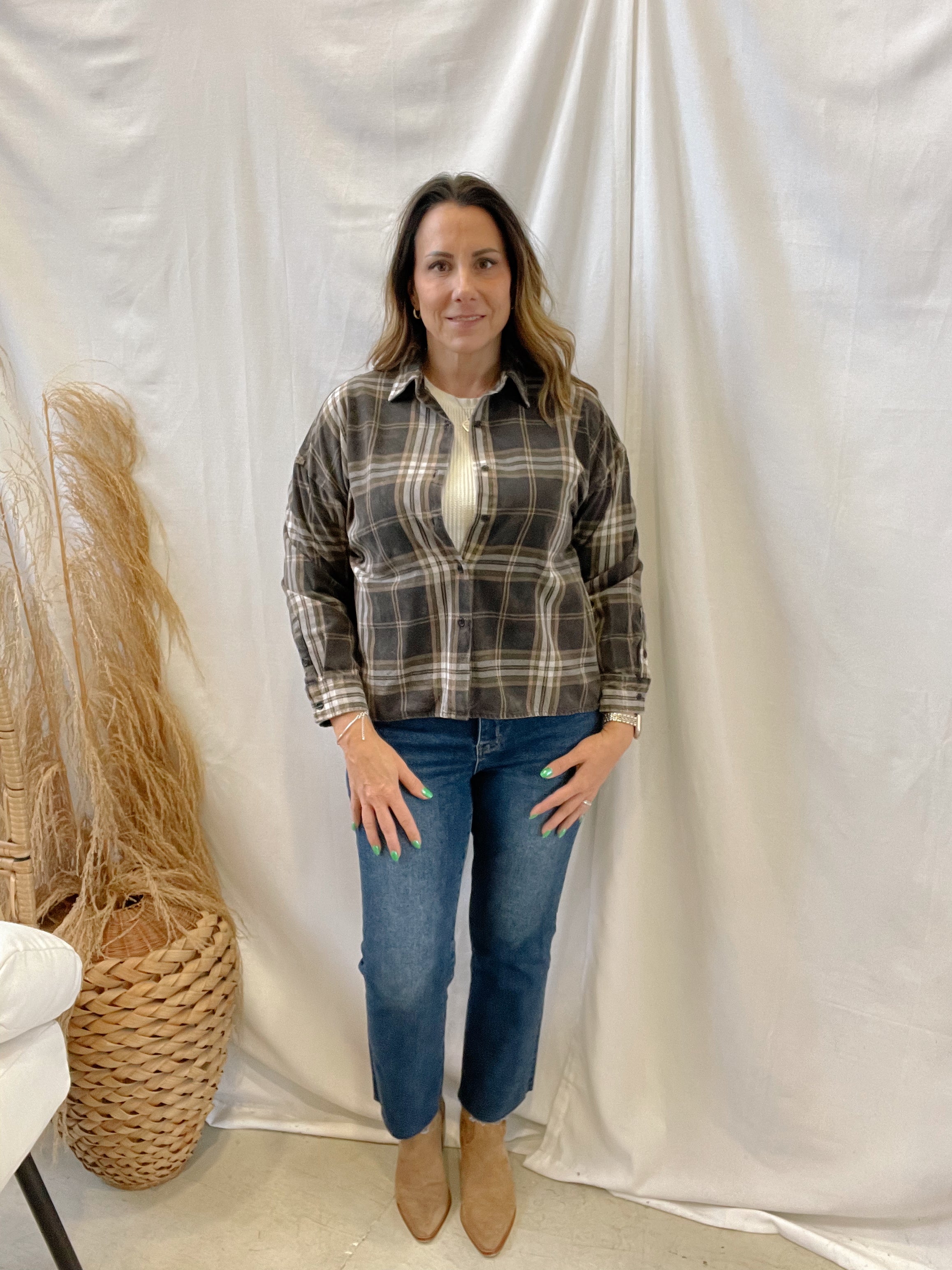 Black Mix Plaid Boxy Flannel Top-Long Sleeve Tops-blu pepper-The Silo Boutique, Women's Fashion Boutique Located in Warren and Grand Forks North Dakota