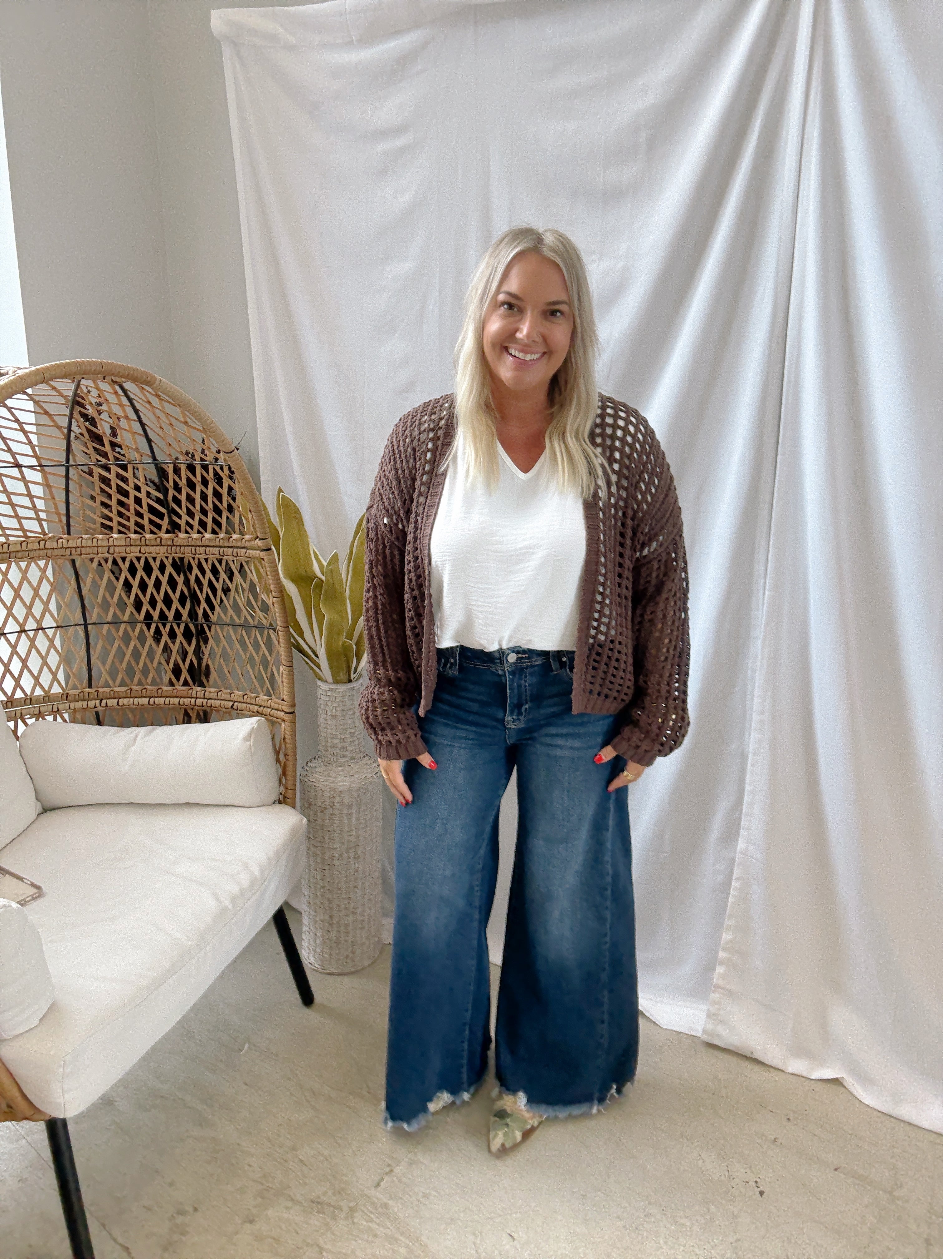 Rae Crochet Open Cardigan-Brown-Cardigans-Doe and Rae-The Silo Boutique, Women's Fashion Boutique Located in Warren and Grand Forks North Dakota