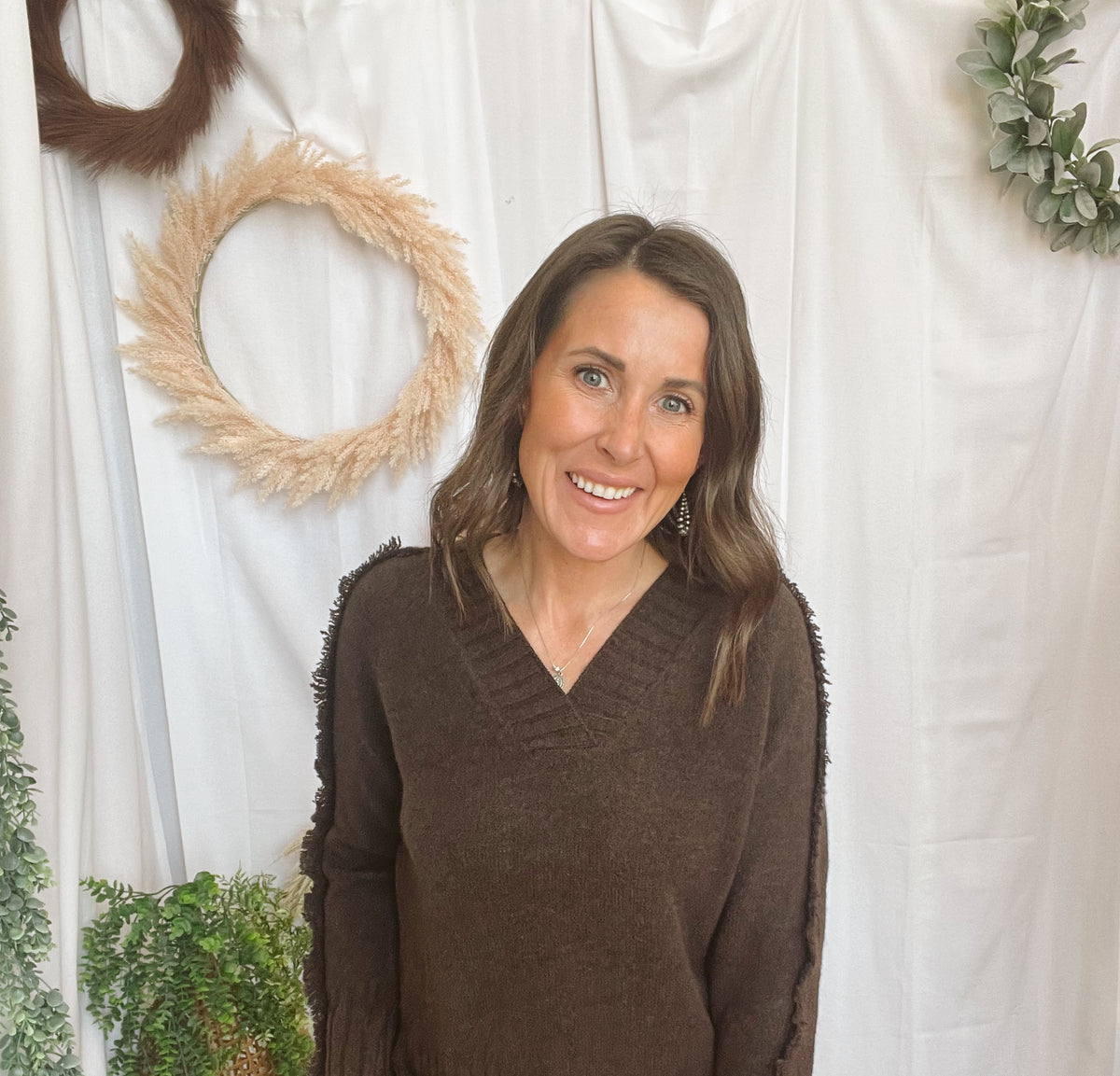Elan Falling V Neck Sweater-Brown-Sweaters-elan-The Silo Boutique, Women's Fashion Boutique Located in Warren and Grand Forks North Dakota