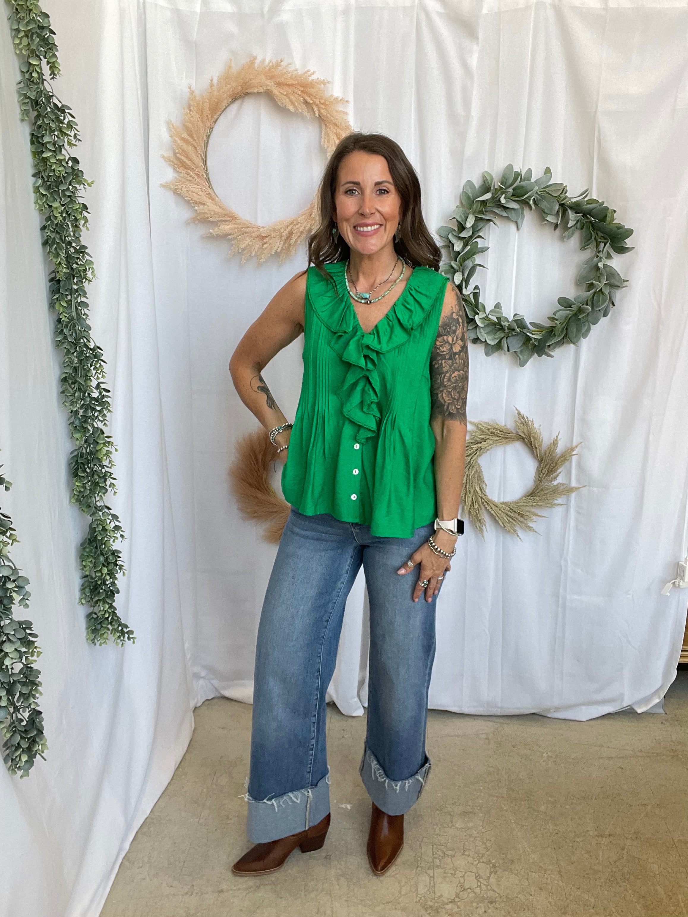 Nikki Flowy Blouse Tank-Green-Tank Tops-entro-The Silo Boutique, Women's Fashion Boutique Located in Warren and Grand Forks North Dakota