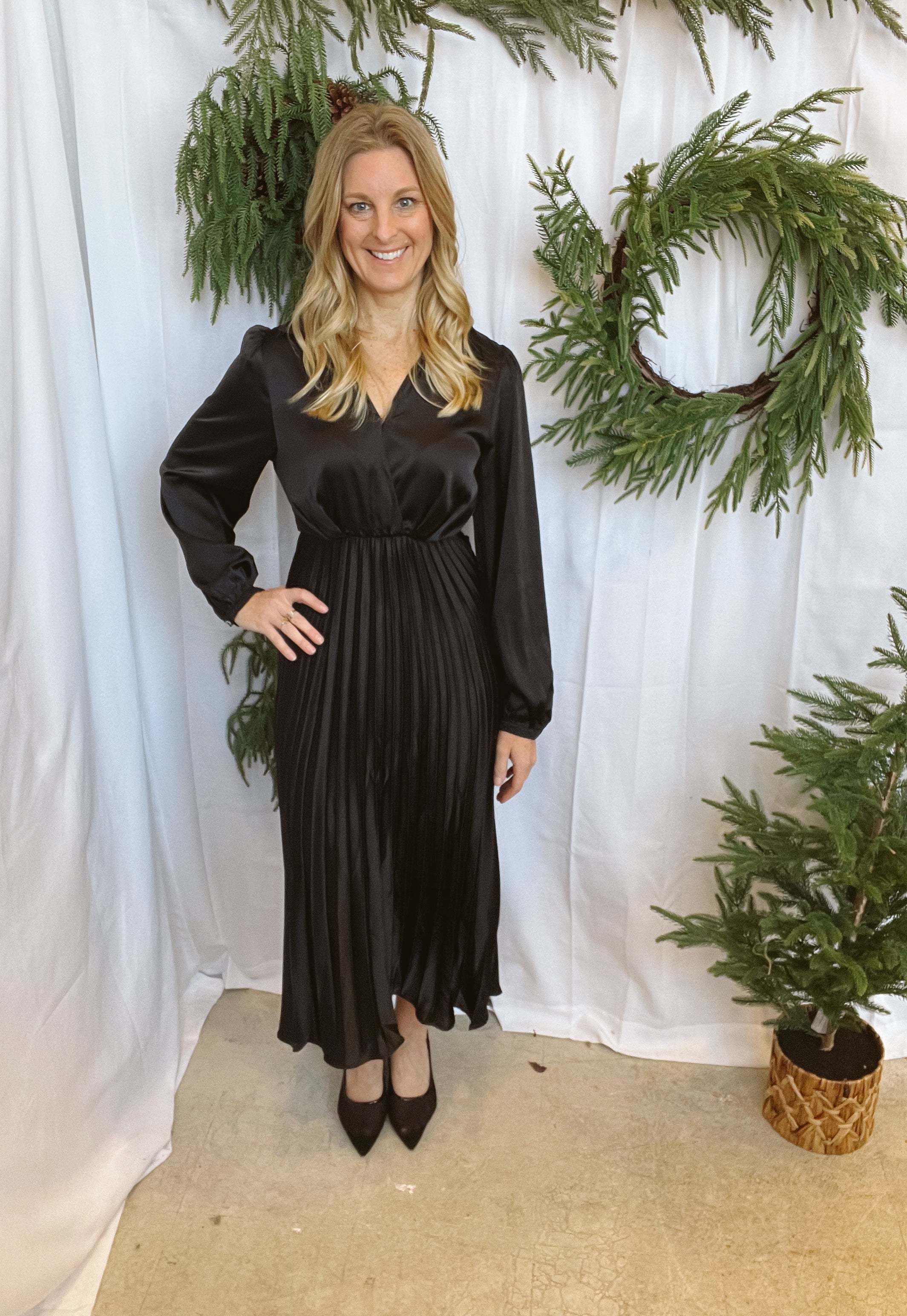 Satin Pleated Dress-Black-Sweaters-she and sky-The Silo Boutique, Women's Fashion Boutique Located in Warren and Grand Forks North Dakota