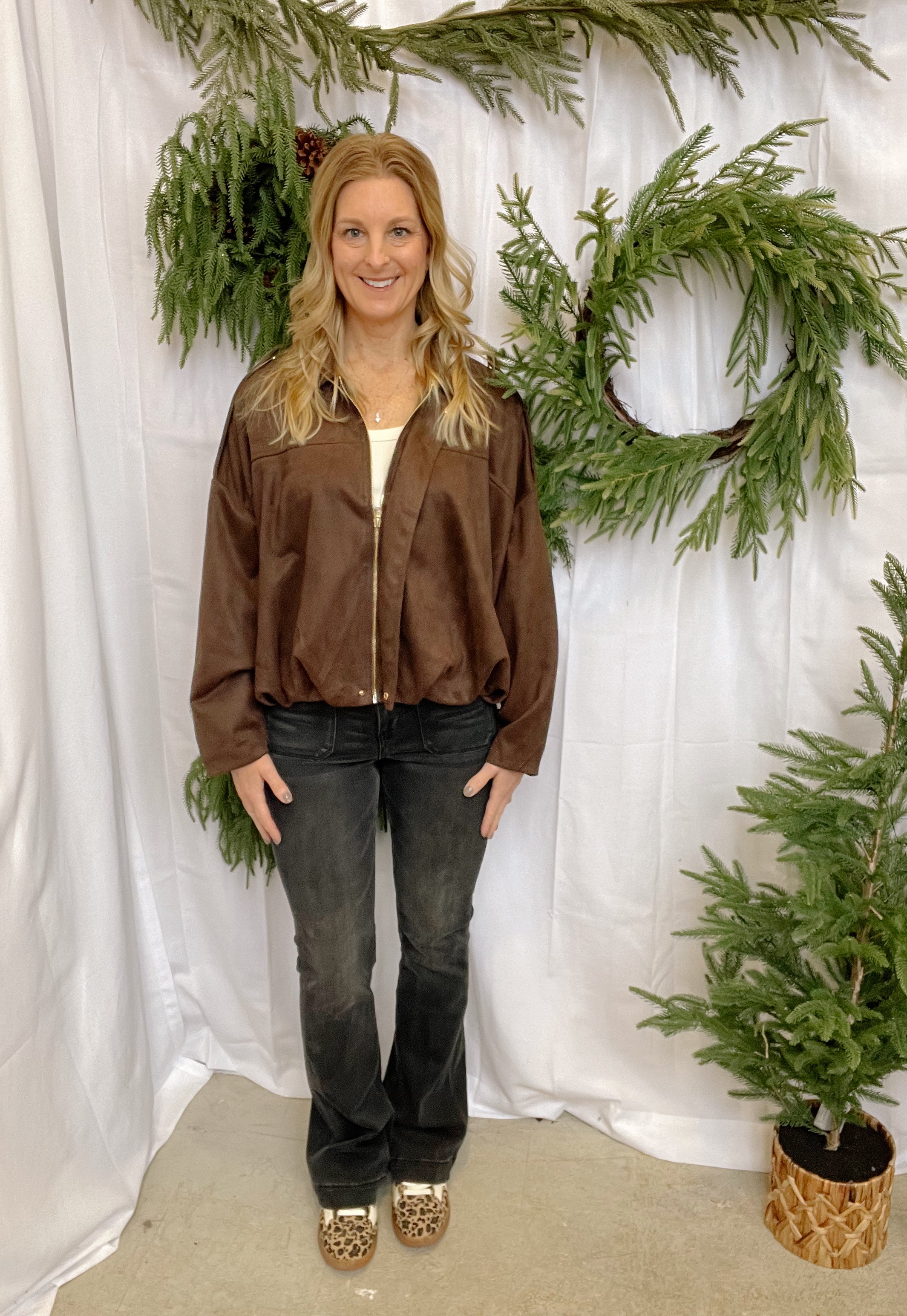 Brown Suede Bomber Jacket-Coats & Jackets-faire-The Silo Boutique, Women's Fashion Boutique Located in Warren and Grand Forks North Dakota
