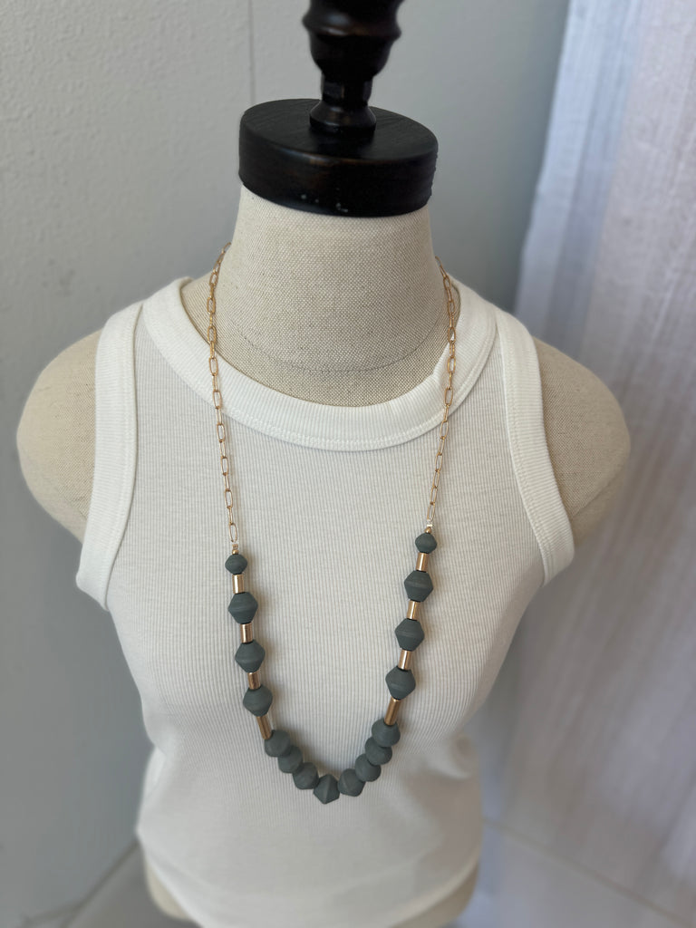 Grey Wood Beaded Long Necklace-Necklaces-Fame-The Silo Boutique, Women's Fashion Boutique Located in Warren and Grand Forks North Dakota
