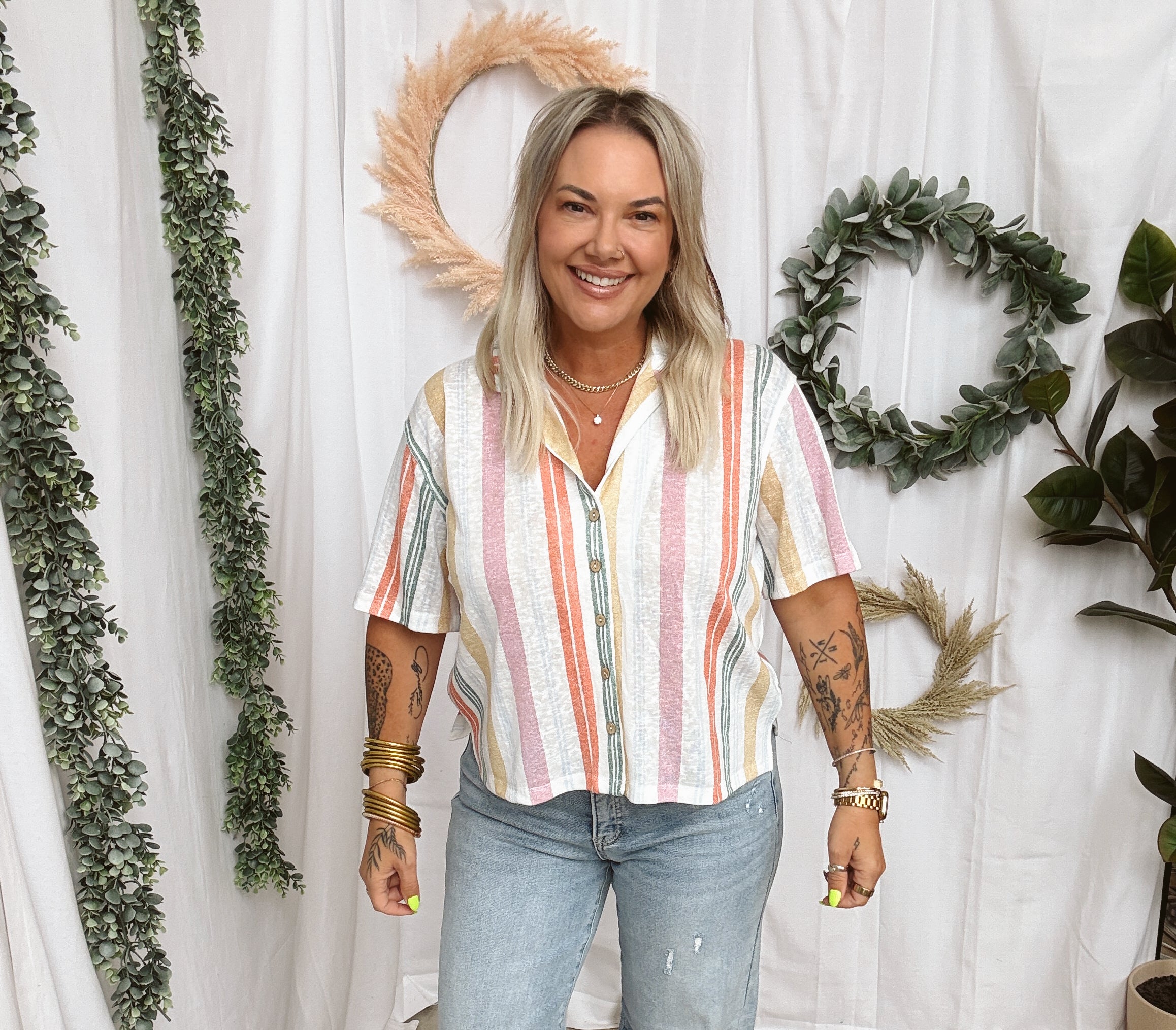 Multi Color Button Up Top-Short Sleeve Tops-hem and thread-The Silo Boutique, Women's Fashion Boutique Located in Warren and Grand Forks North Dakota