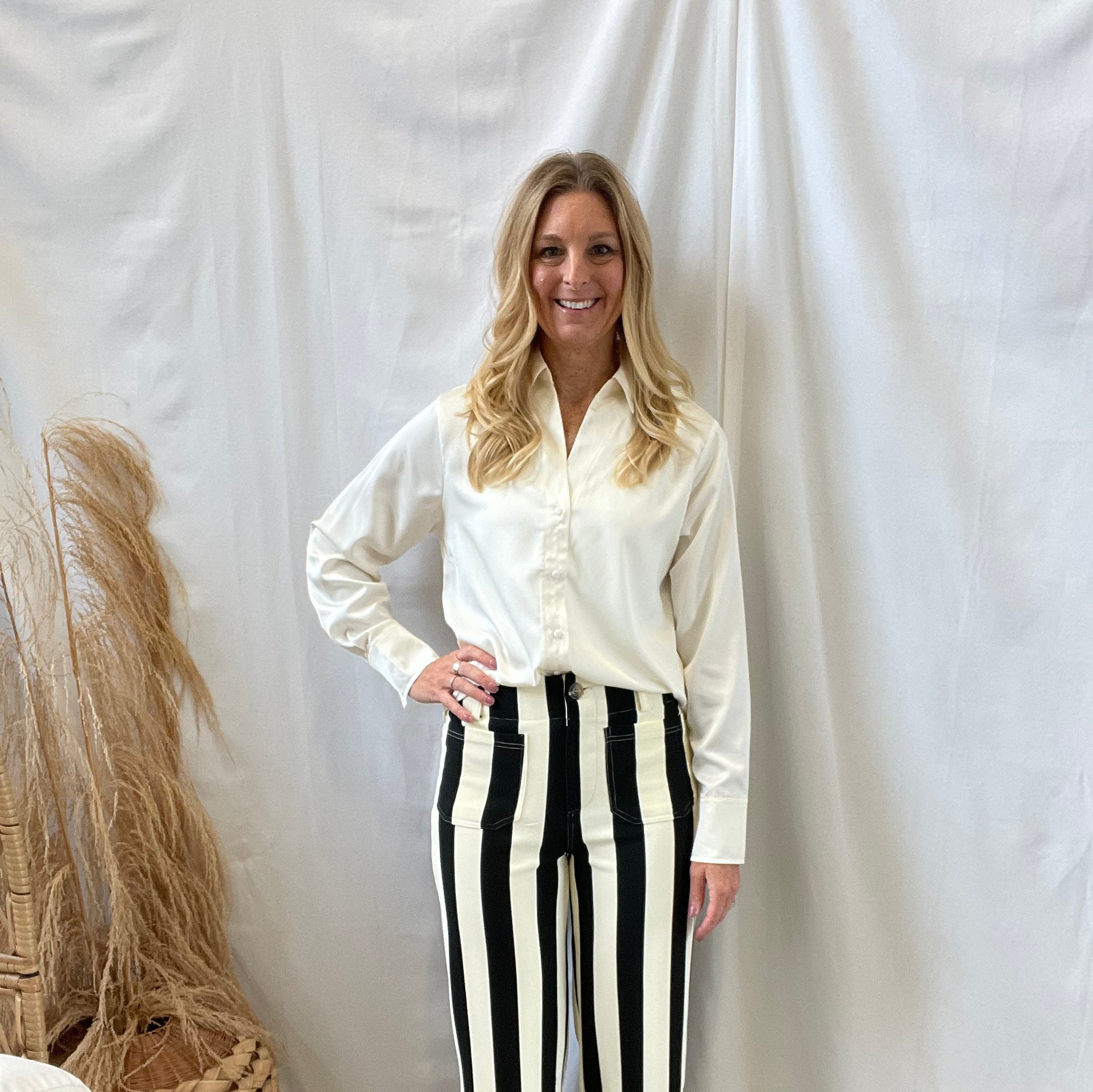 Whip Cream Silk Button Up Top-Long Sleeve Tops-hyfve-The Silo Boutique, Women's Fashion Boutique Located in Warren and Grand Forks North Dakota