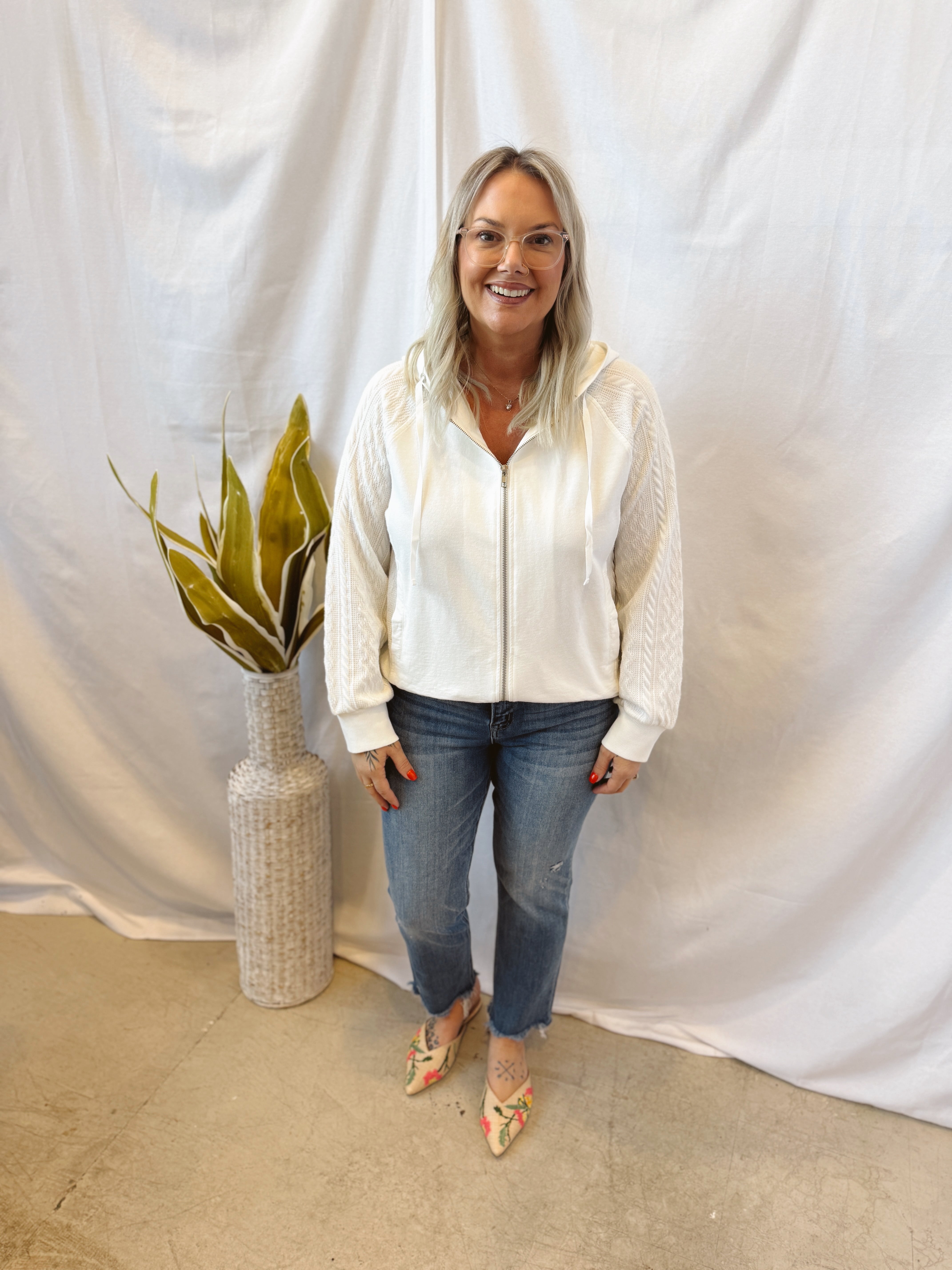 Washed White Mixed Media Hoodie Jacket-Sweatshirts-mystree-The Silo Boutique, Women's Fashion Boutique Located in Warren and Grand Forks North Dakota