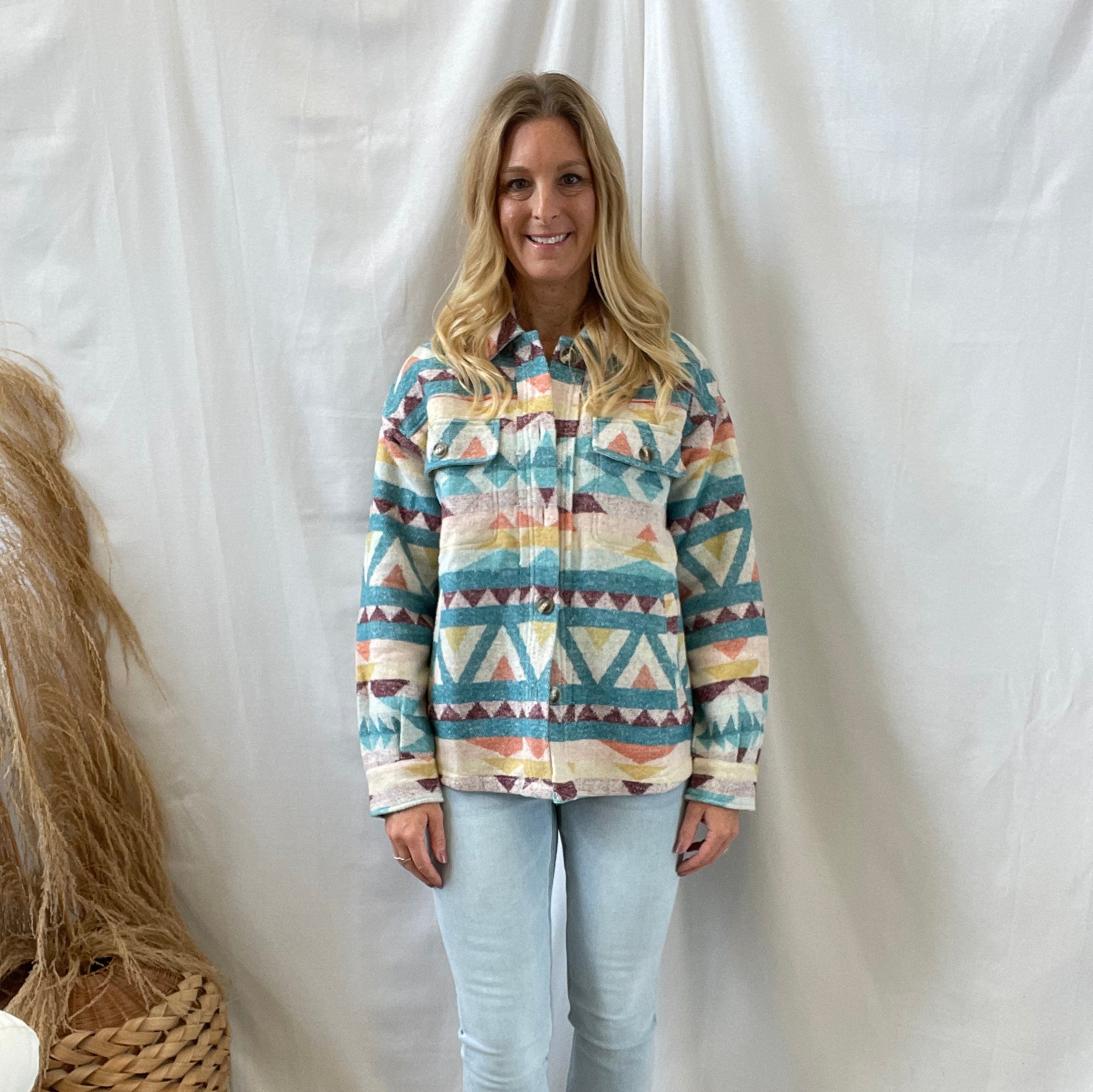 Emerald Mix Aztec Shacket-Shackets-mystree-The Silo Boutique, Women's Fashion Boutique Located in Warren and Grand Forks North Dakota