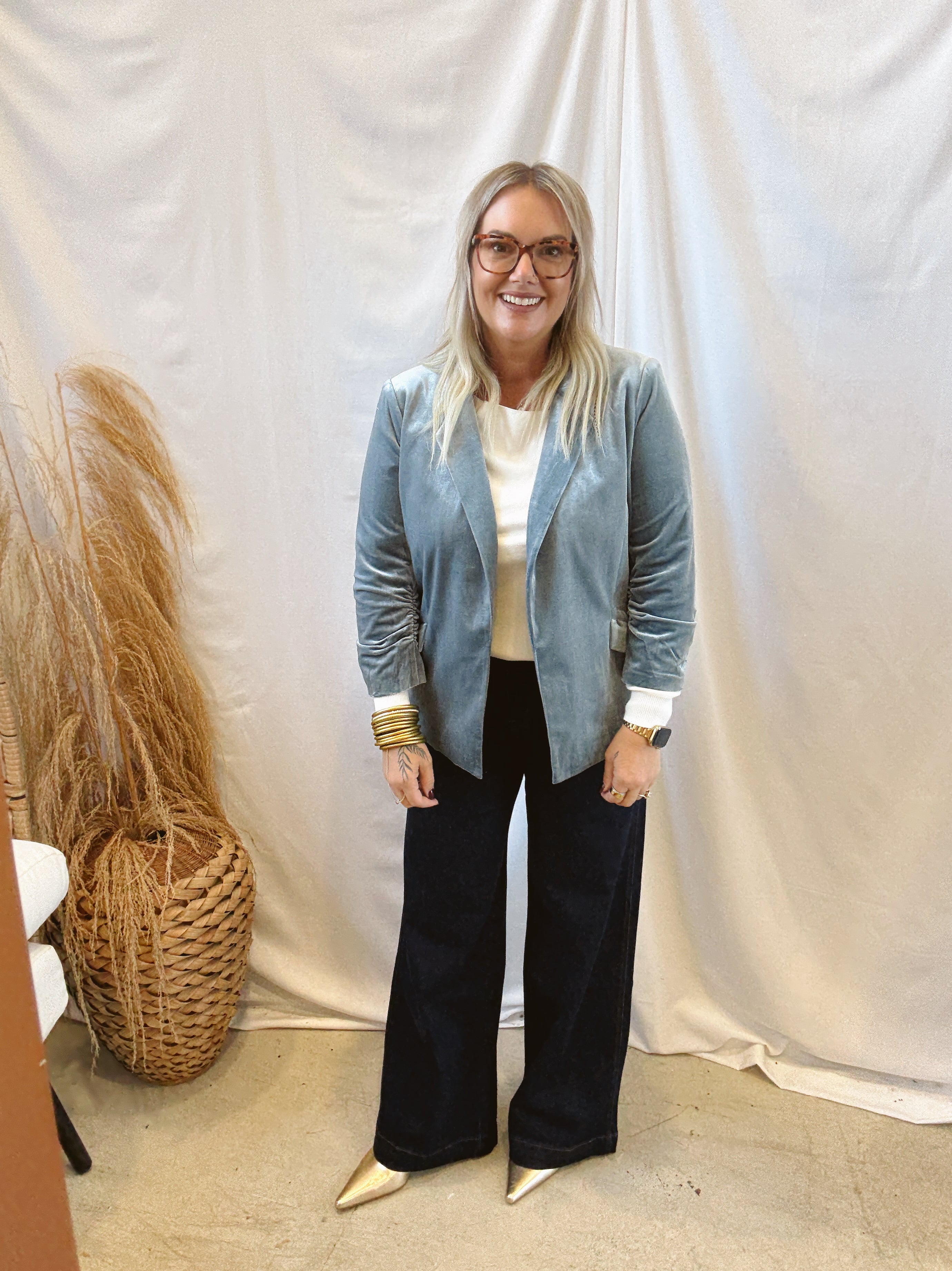 Dusty Blue Velvet Blazer-Blazers-skies are blue-The Silo Boutique, Women's Fashion Boutique Located in Warren and Grand Forks North Dakota