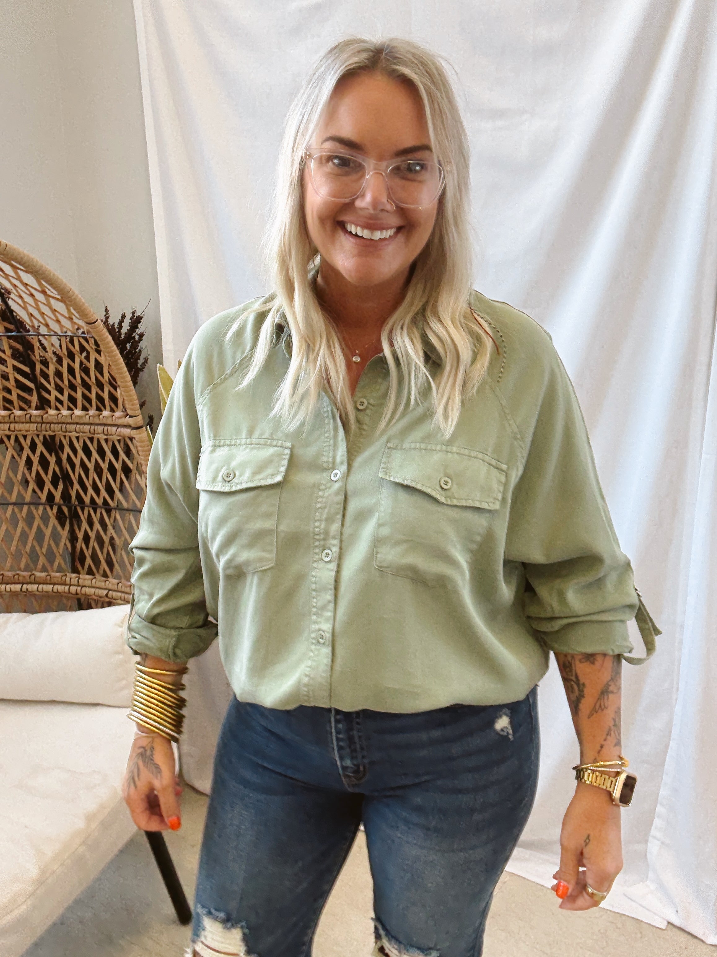 Risen Sage Tencel Shirt-Shackets-risen-The Silo Boutique, Women's Fashion Boutique Located in Warren and Grand Forks North Dakota