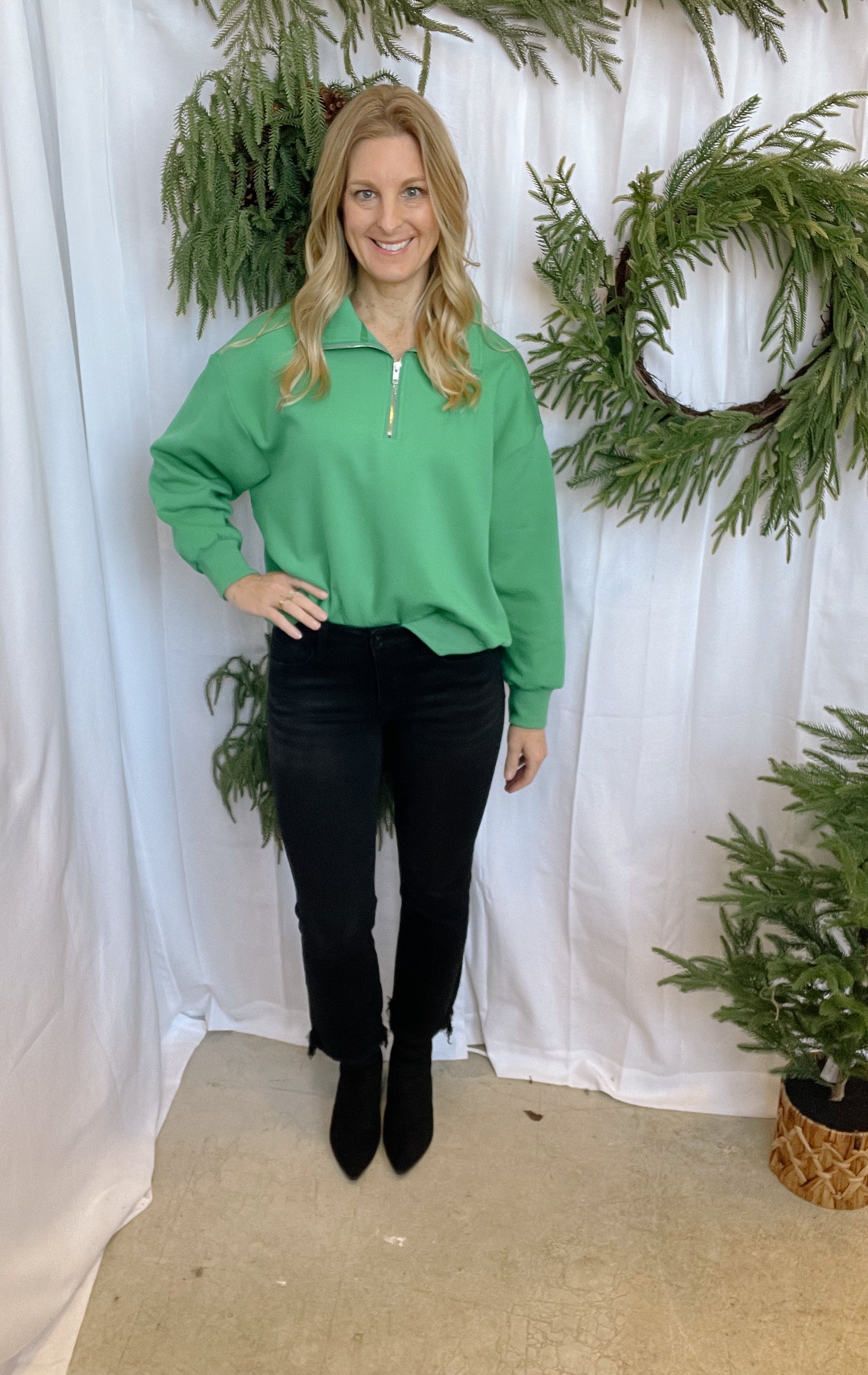 Kelly Green Quarter Zip Sweater-Sweaters-she and sky-The Silo Boutique, Women's Fashion Boutique Located in Warren and Grand Forks North Dakota
