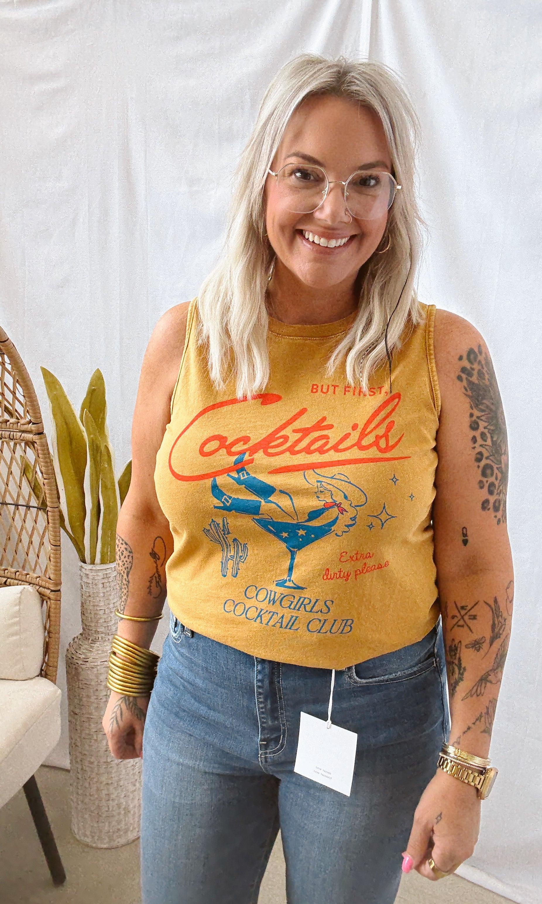 But First Cocktails Tank-Mustard-Tank Tops-heart and luv-The Silo Boutique, Women's Fashion Boutique Located in Warren and Grand Forks North Dakota