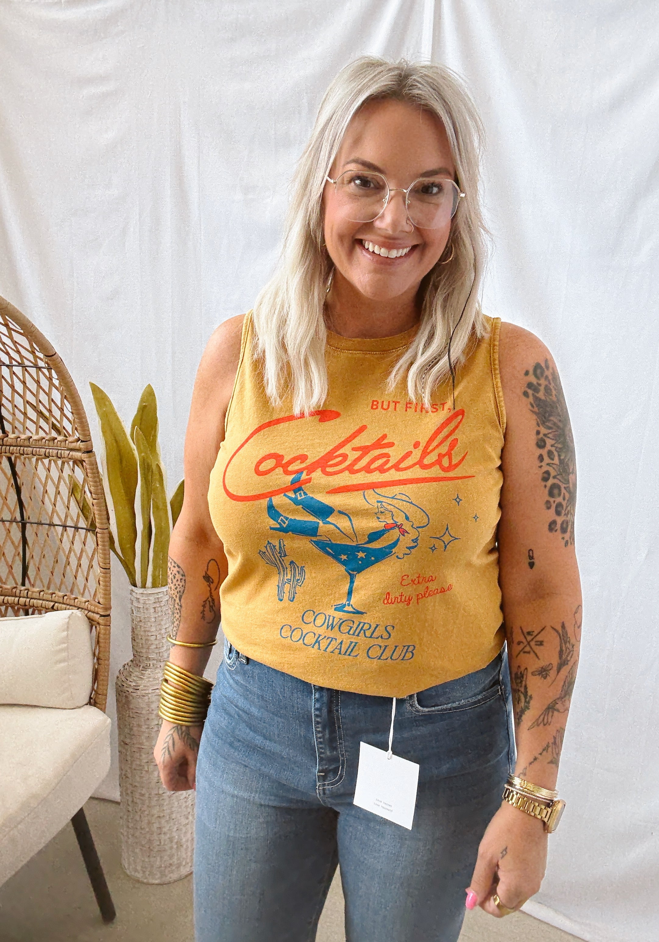 But First Cocktails Tank-Mustard-Tank Tops-heart and luv-The Silo Boutique, Women's Fashion Boutique Located in Warren and Grand Forks North Dakota