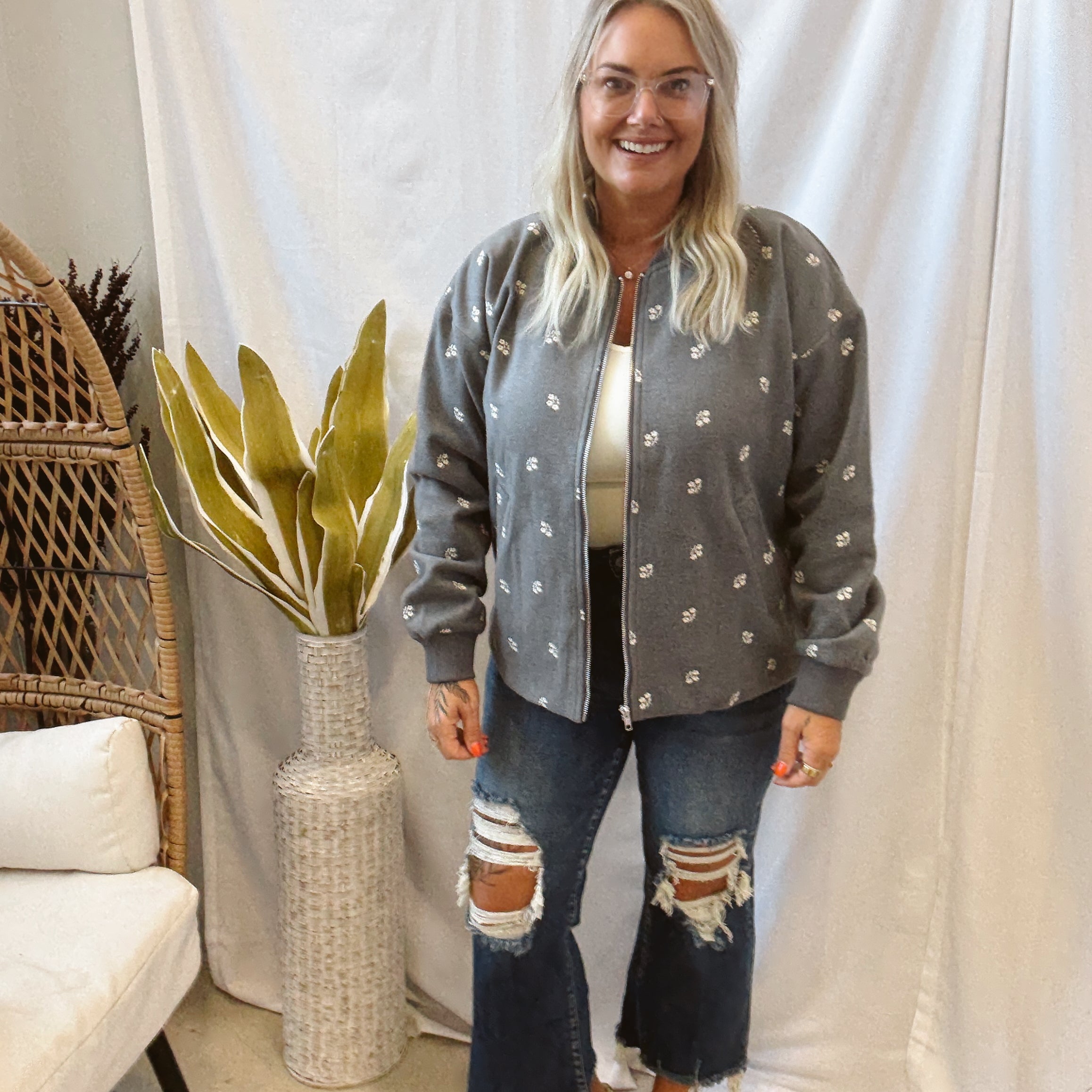 Grey Floral Embroidered Jacket-Coats & Jackets-hem and thread-The Silo Boutique, Women's Fashion Boutique Located in Warren and Grand Forks North Dakota