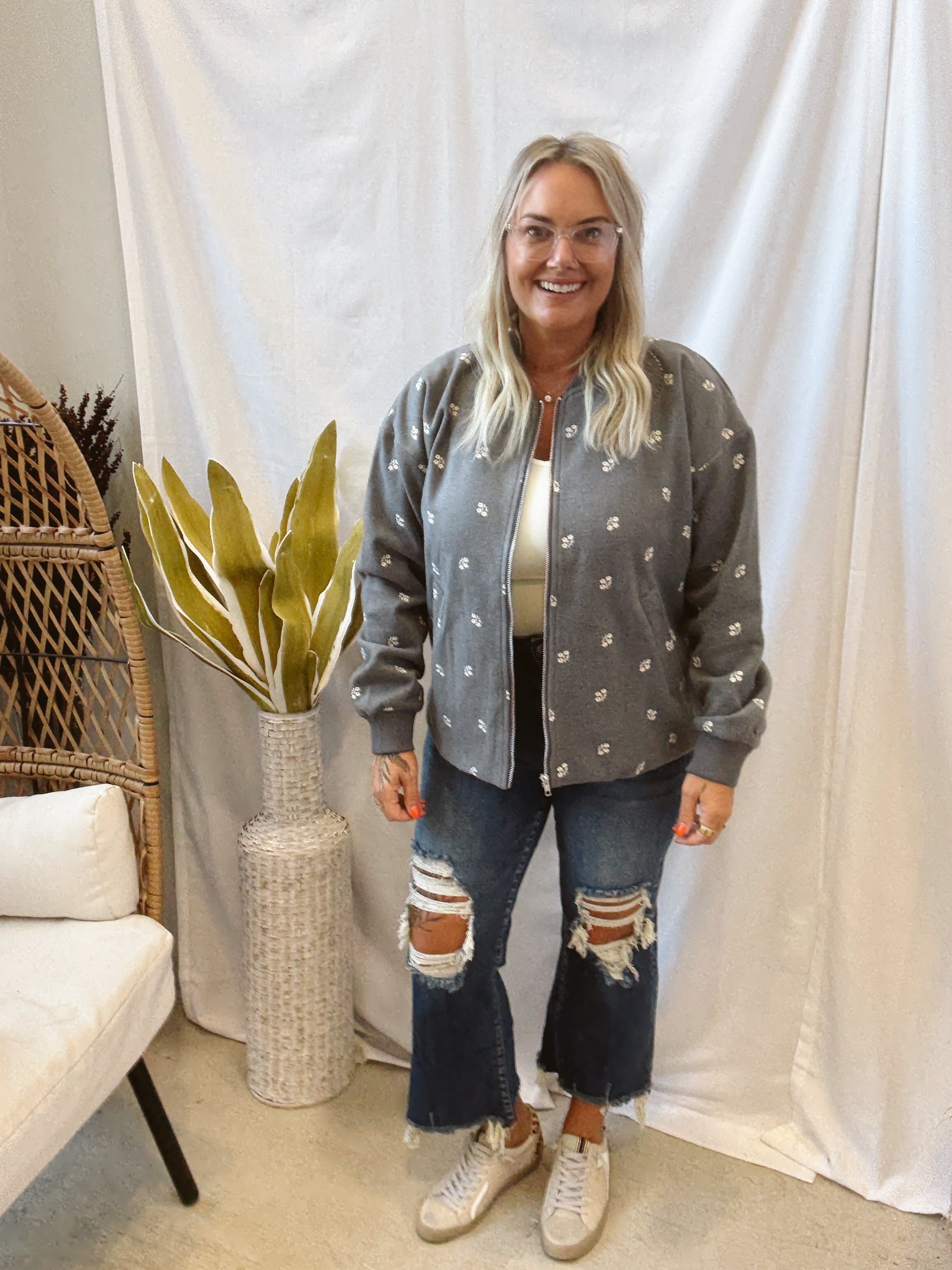 Grey Floral Embroidered Jacket-Coats & Jackets-hem and thread-The Silo Boutique, Women's Fashion Boutique Located in Warren and Grand Forks North Dakota